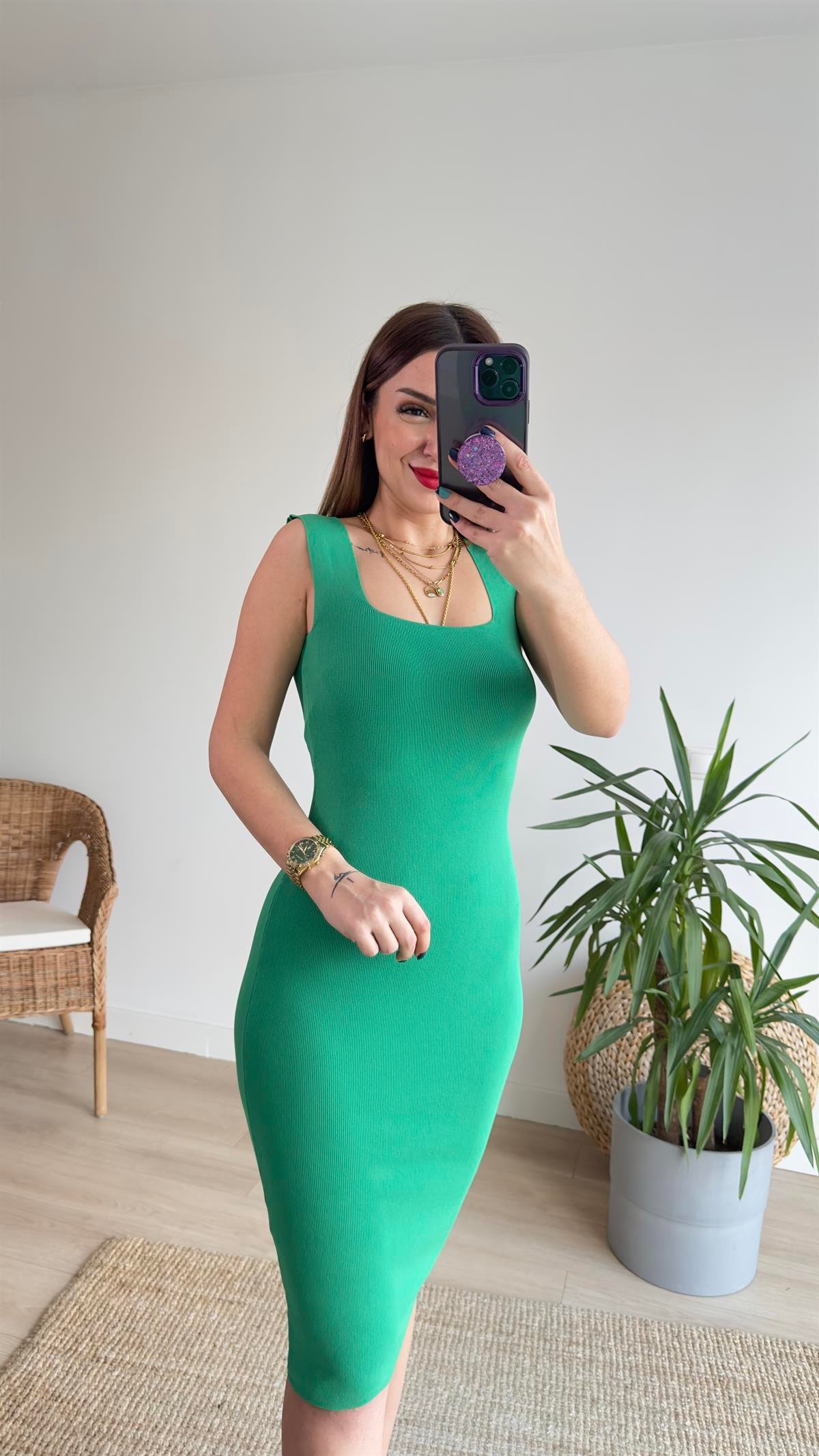 Kare Yaka Yeşil Triko Elbise 