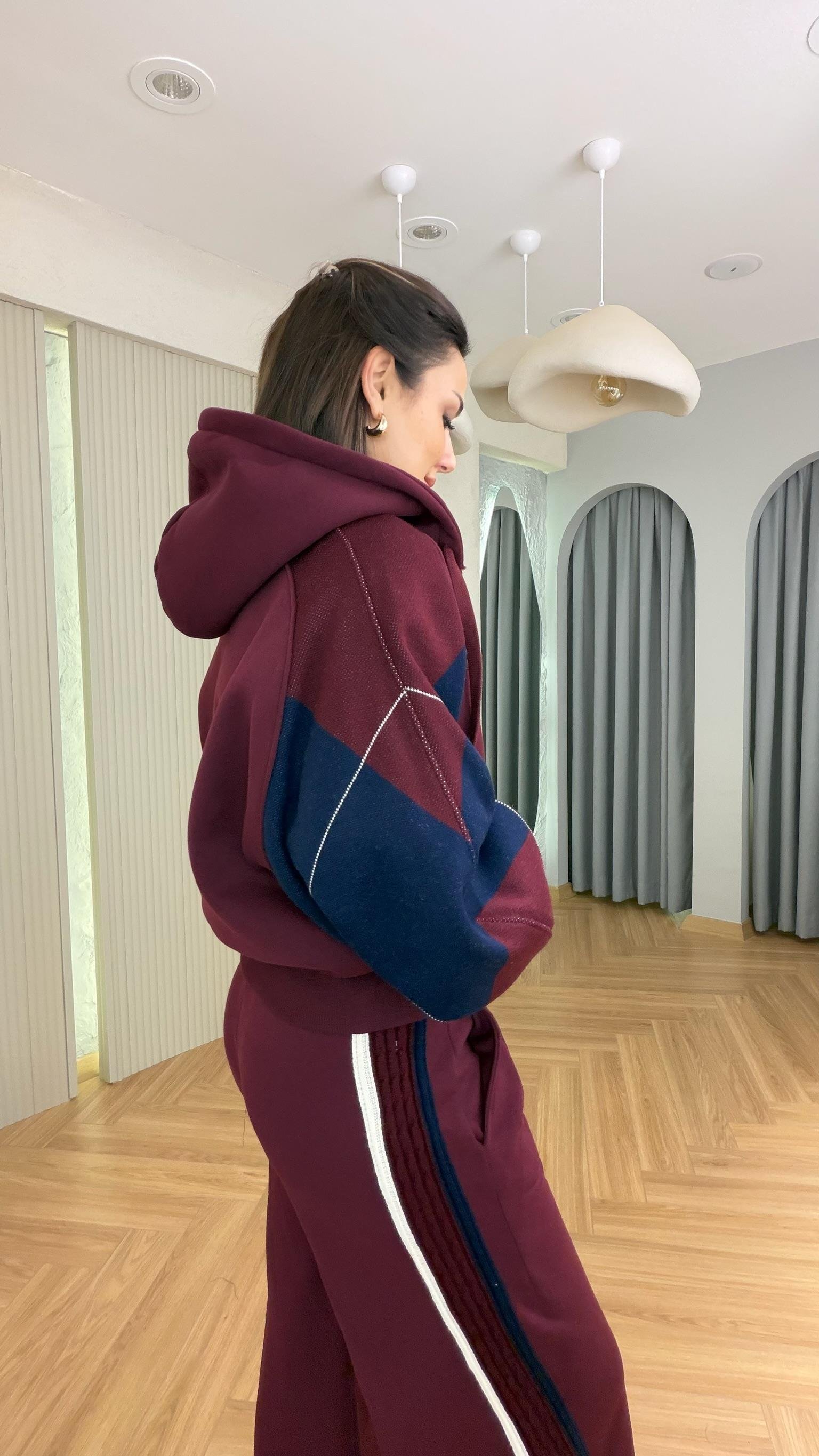 Bordo Balon Kol Triko Garnili Üçlü Takım