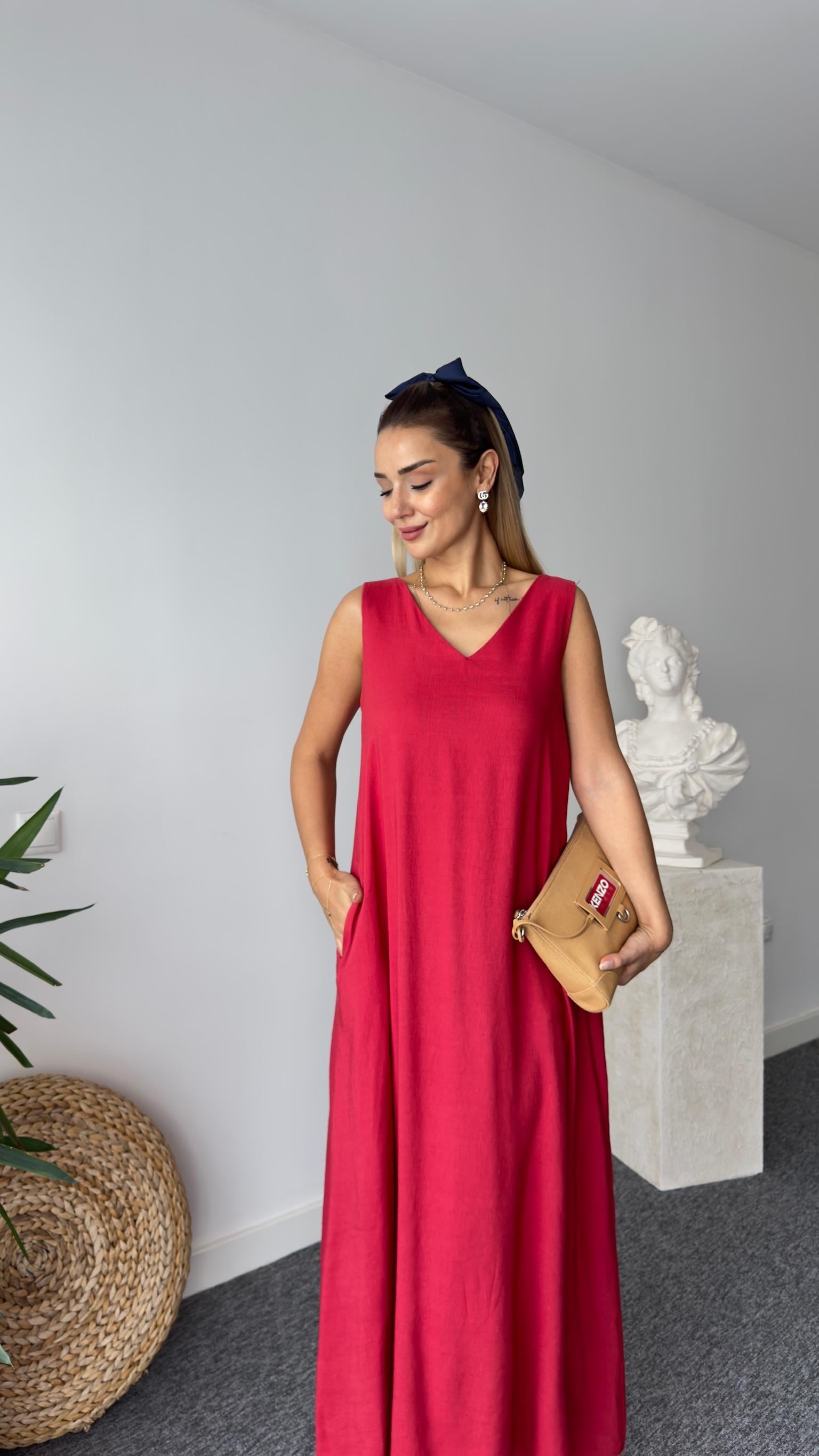 Lastik Askılı Keten Bordo Elbise 