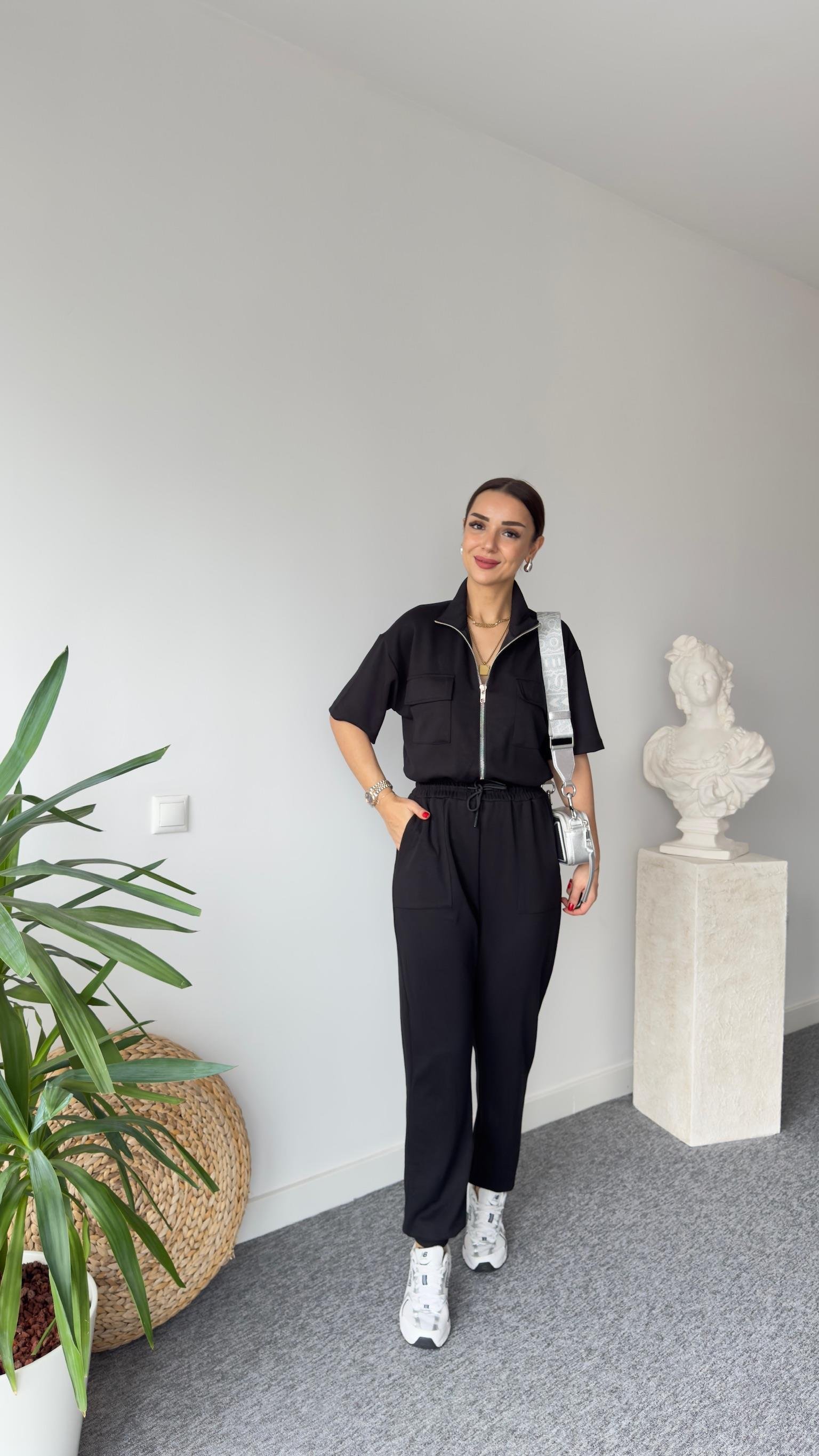 Fermuar Detaylı Siyah Modal Tulum
