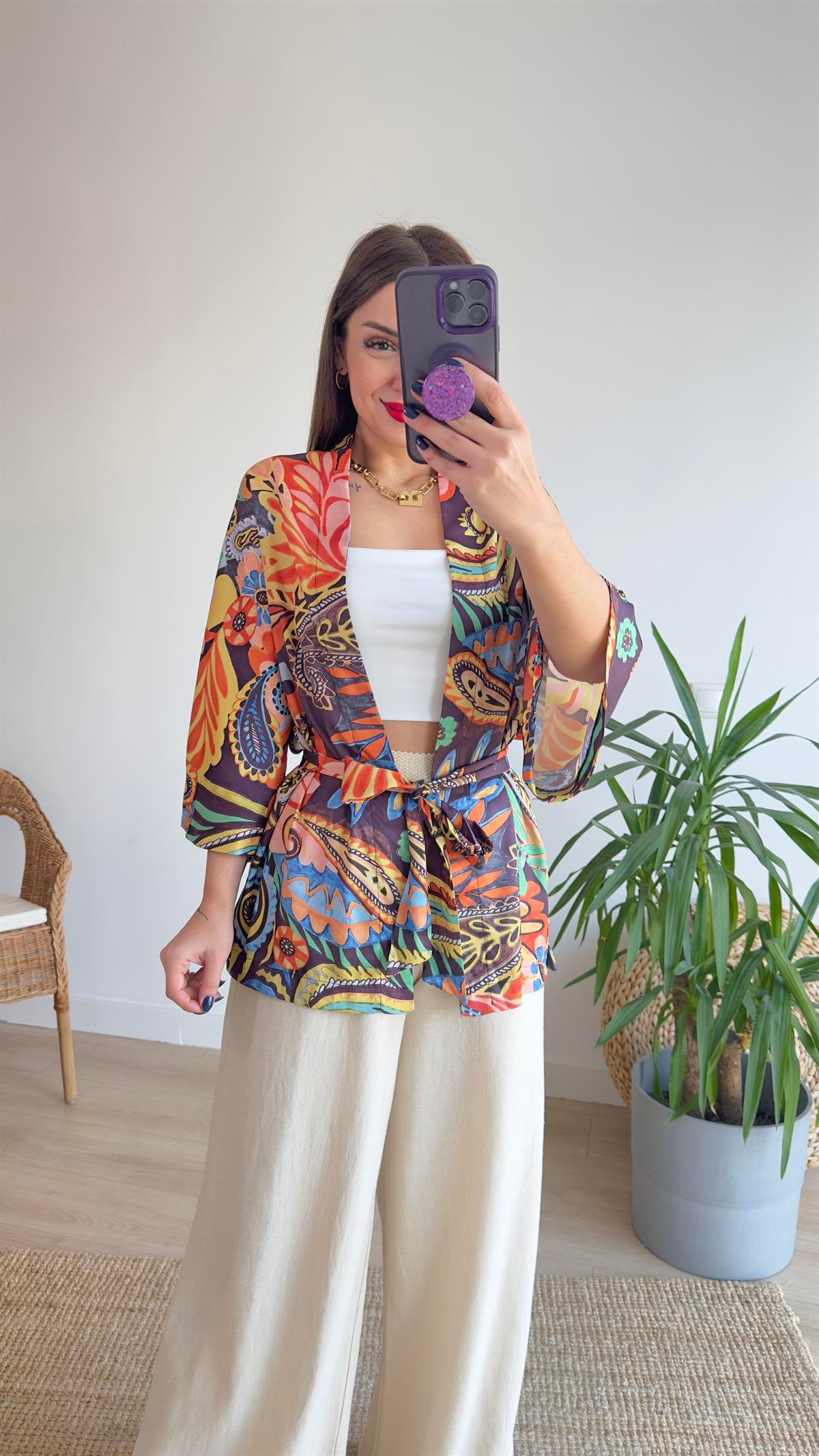 Çok Renkli Saten Kimono Ceket