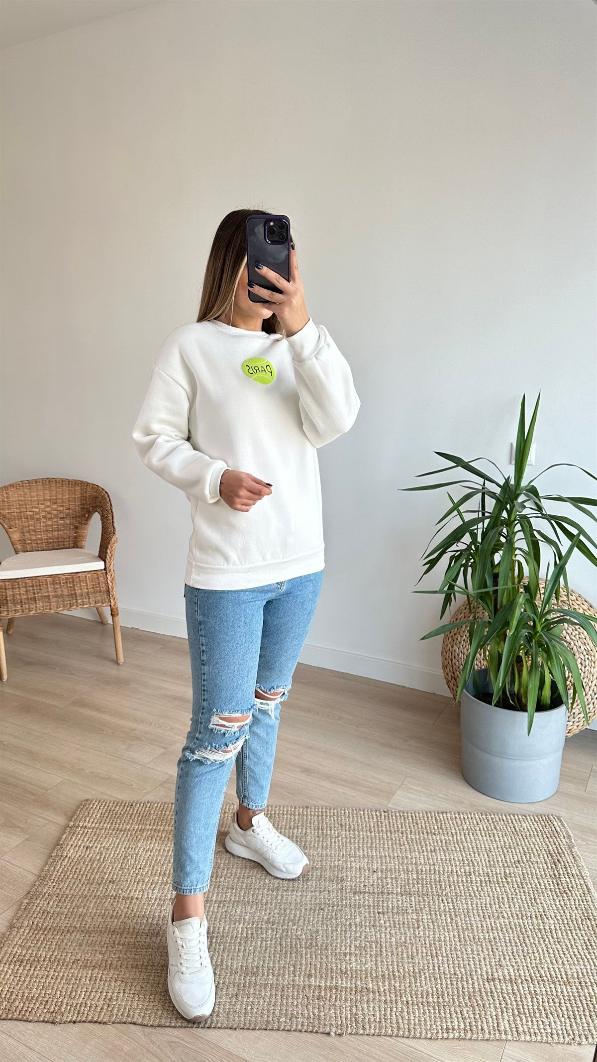 Paris Baskı Beyaz Sweatshirt