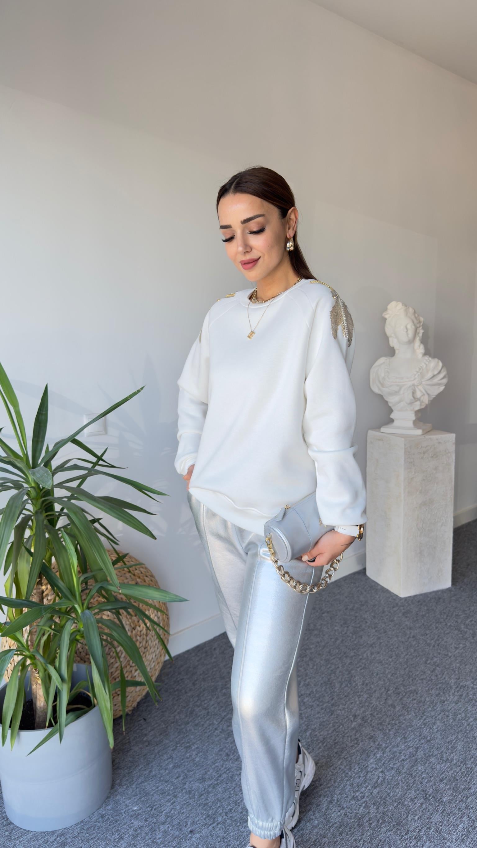 Gess Omuzları Taş Detay Beyaz Sweat
