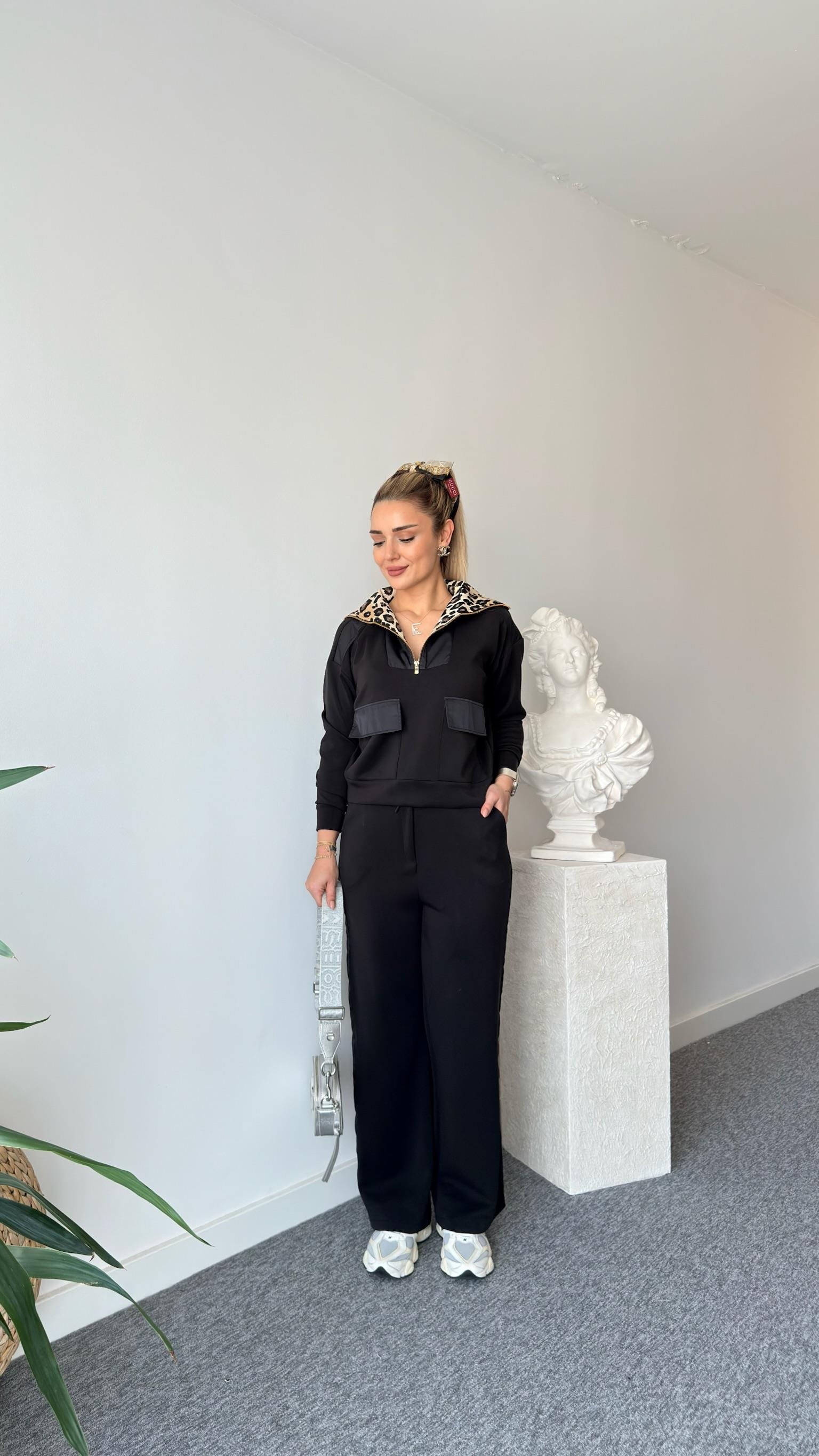 Siyah Premium Leopar Detaylı Modal Takım