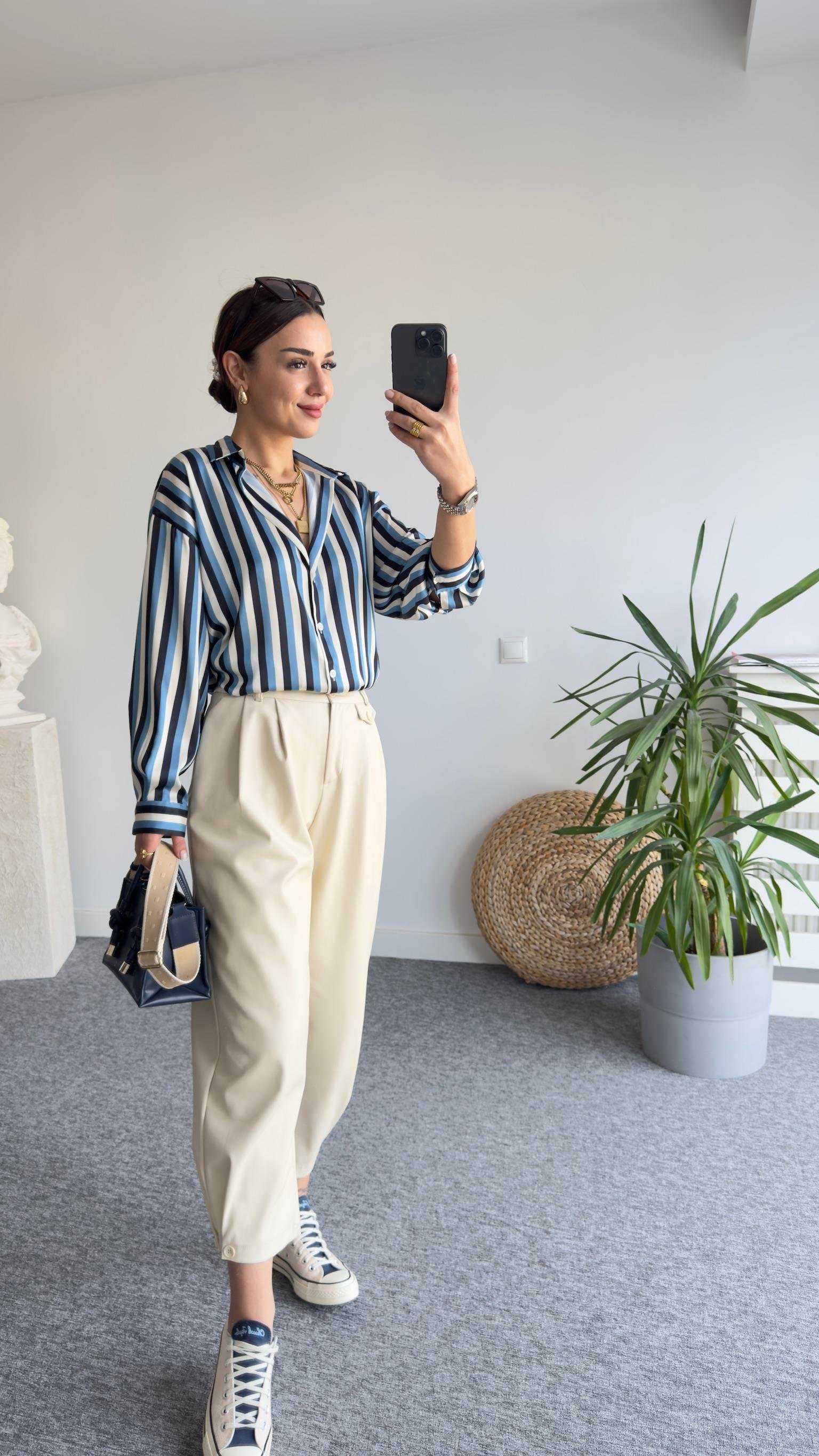 İvvi Zra Model Mavi Çizgili Saten Gömlek