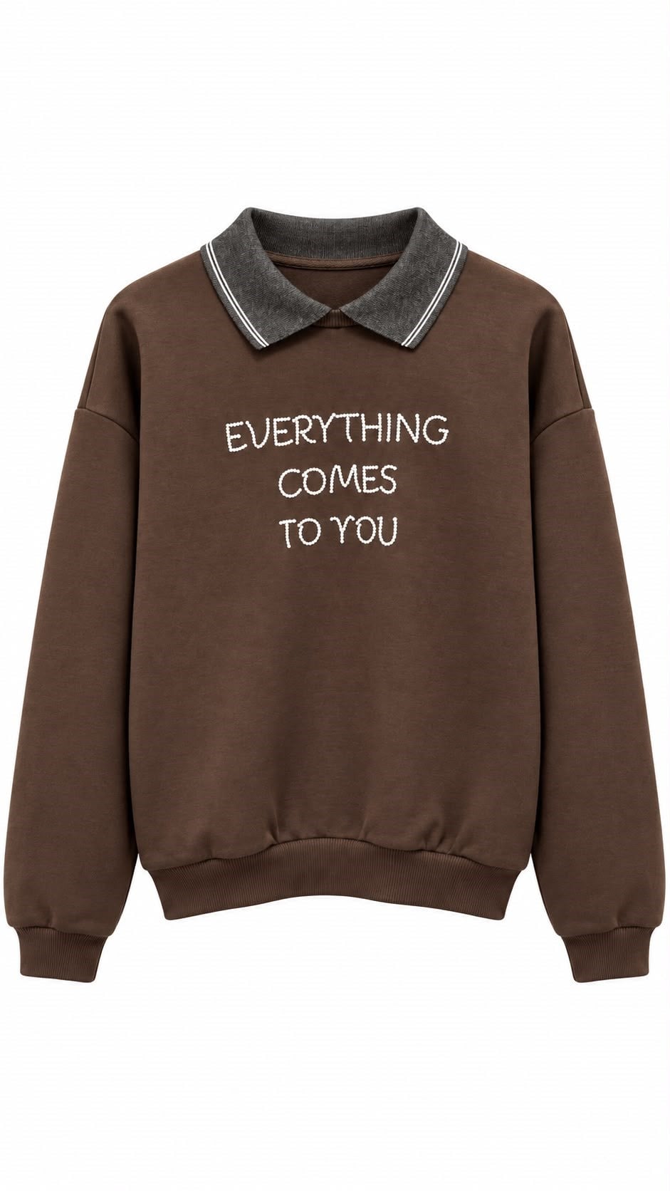 Polo Yaka Yazılı Kahve Sweatshirt