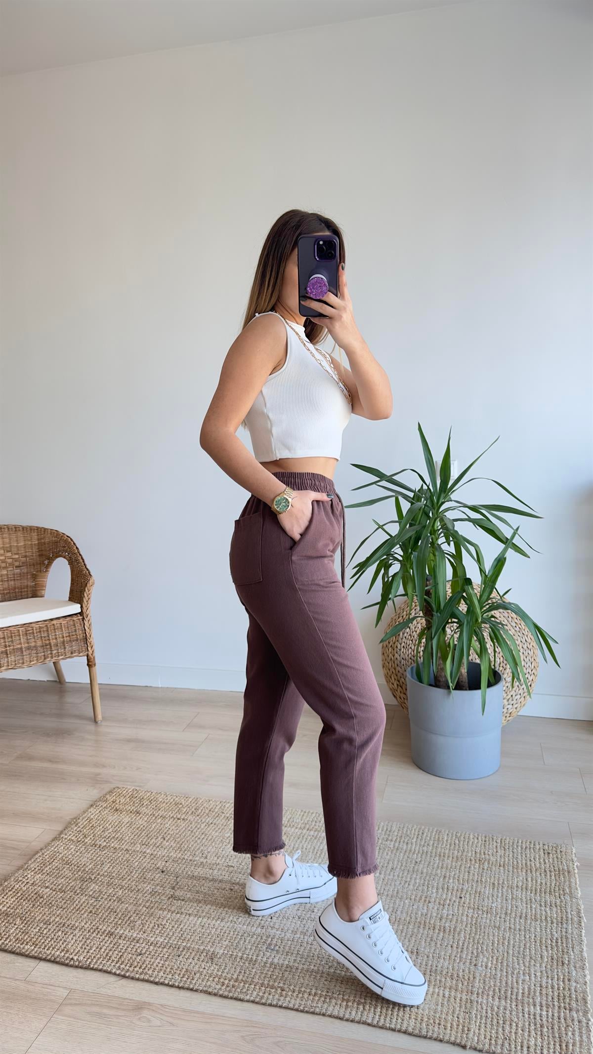 Beli Lastikli Kahve Gabardin Pantolon