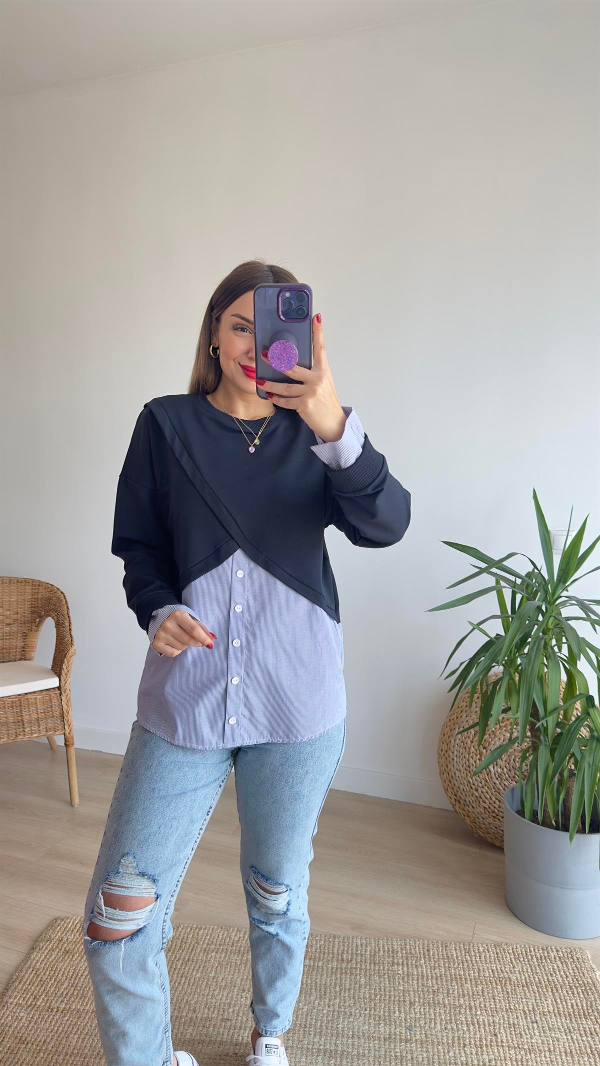 Çapraz Poplin Detay Lacivert Sweat