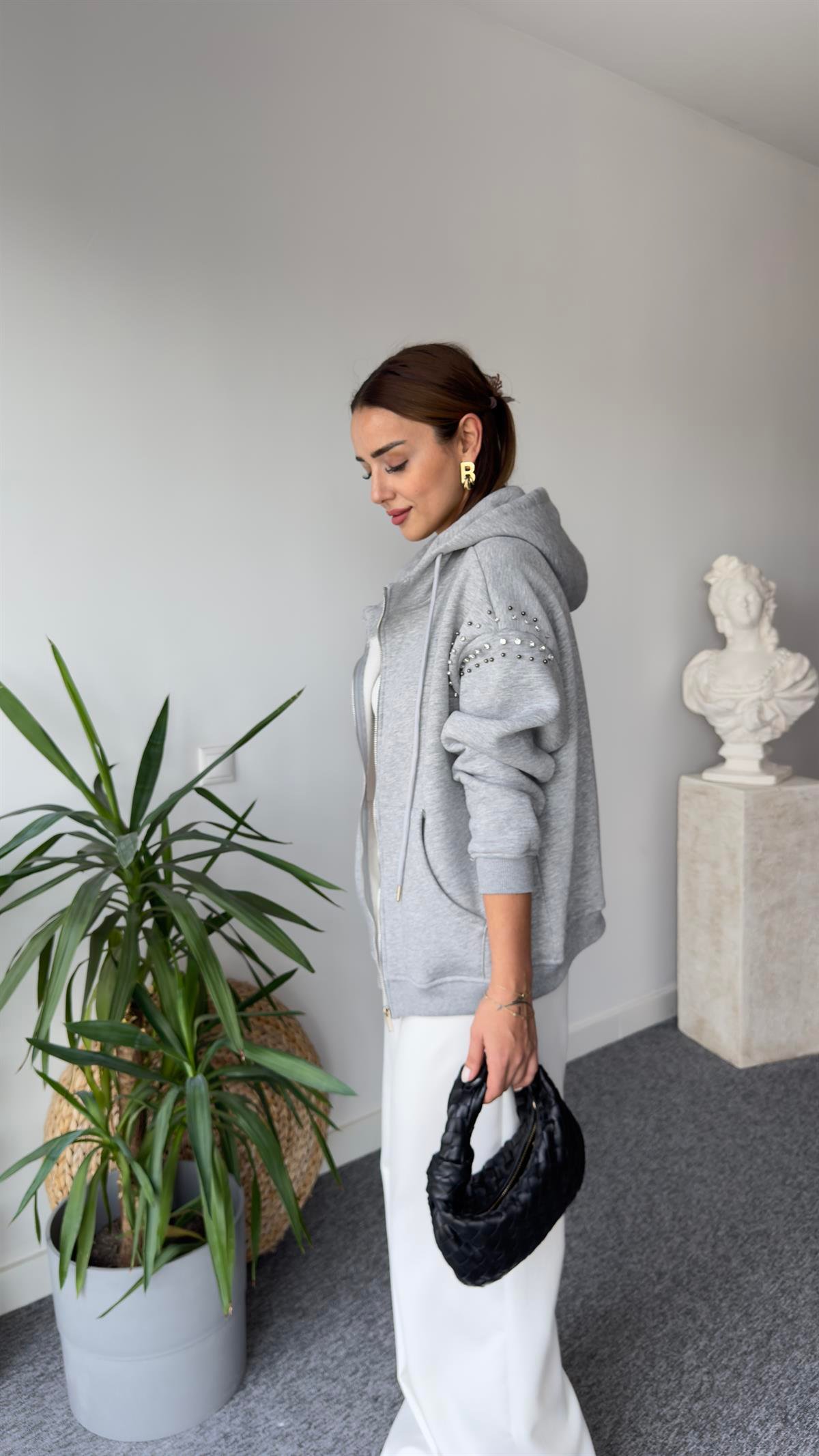Orj Model Kolları Taşlı Gri Sweat