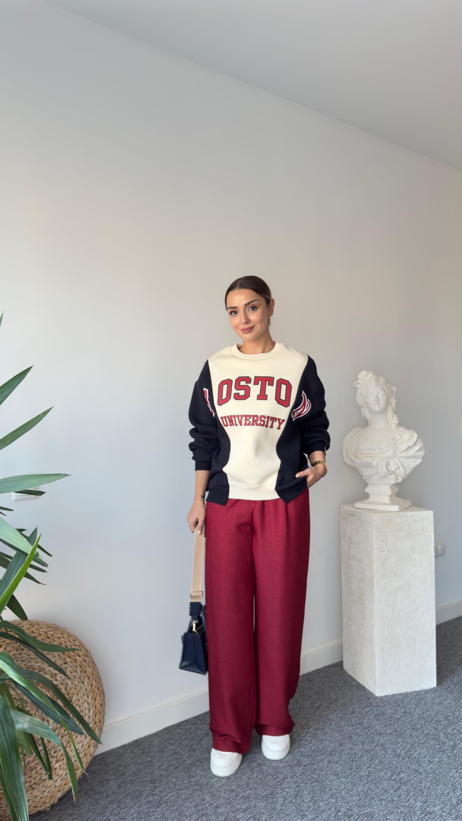 Boston Yazılı Çift Renk Sweatshirt