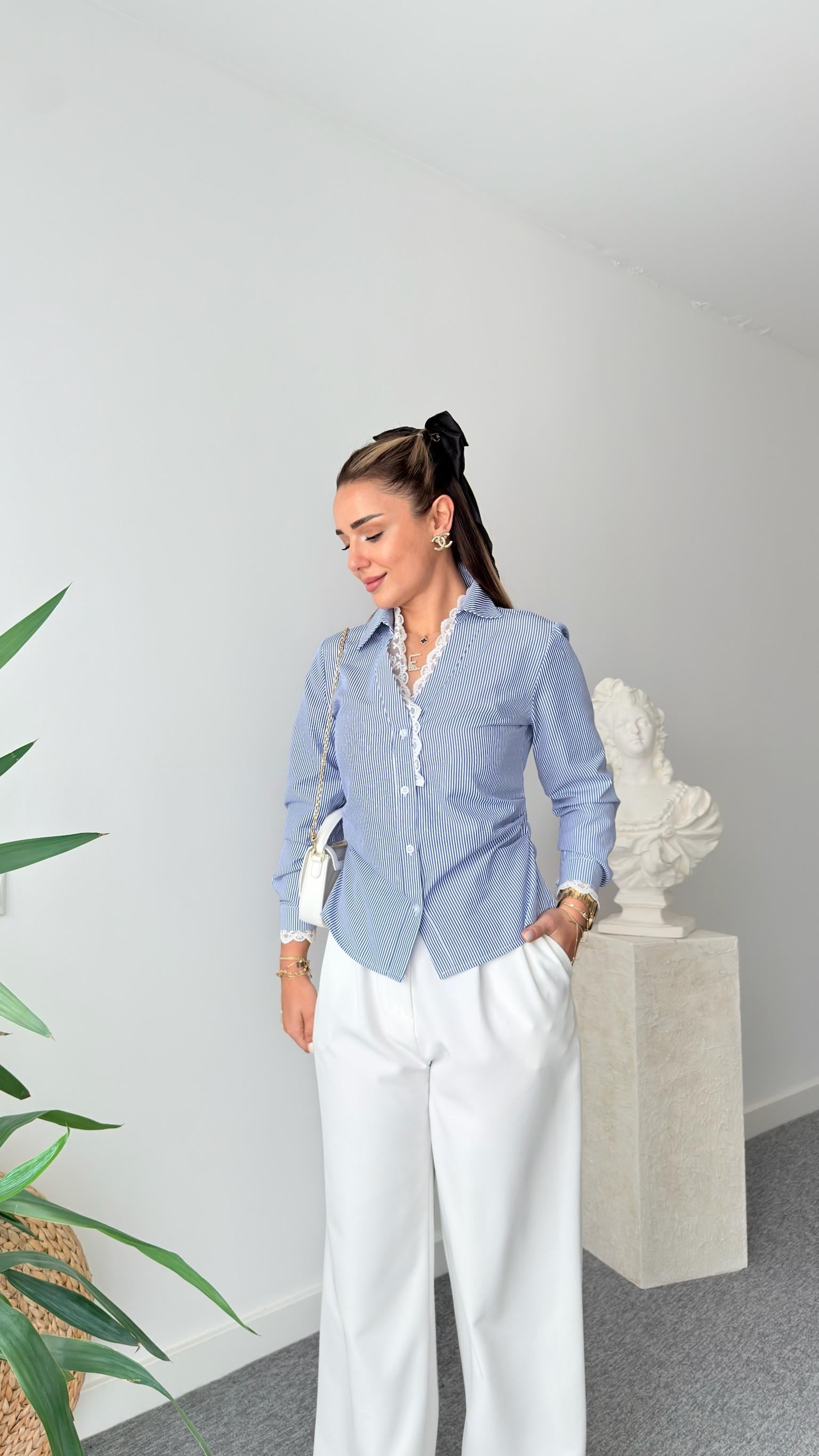 Güpürlü Slim Fit Çizgili Gömlek