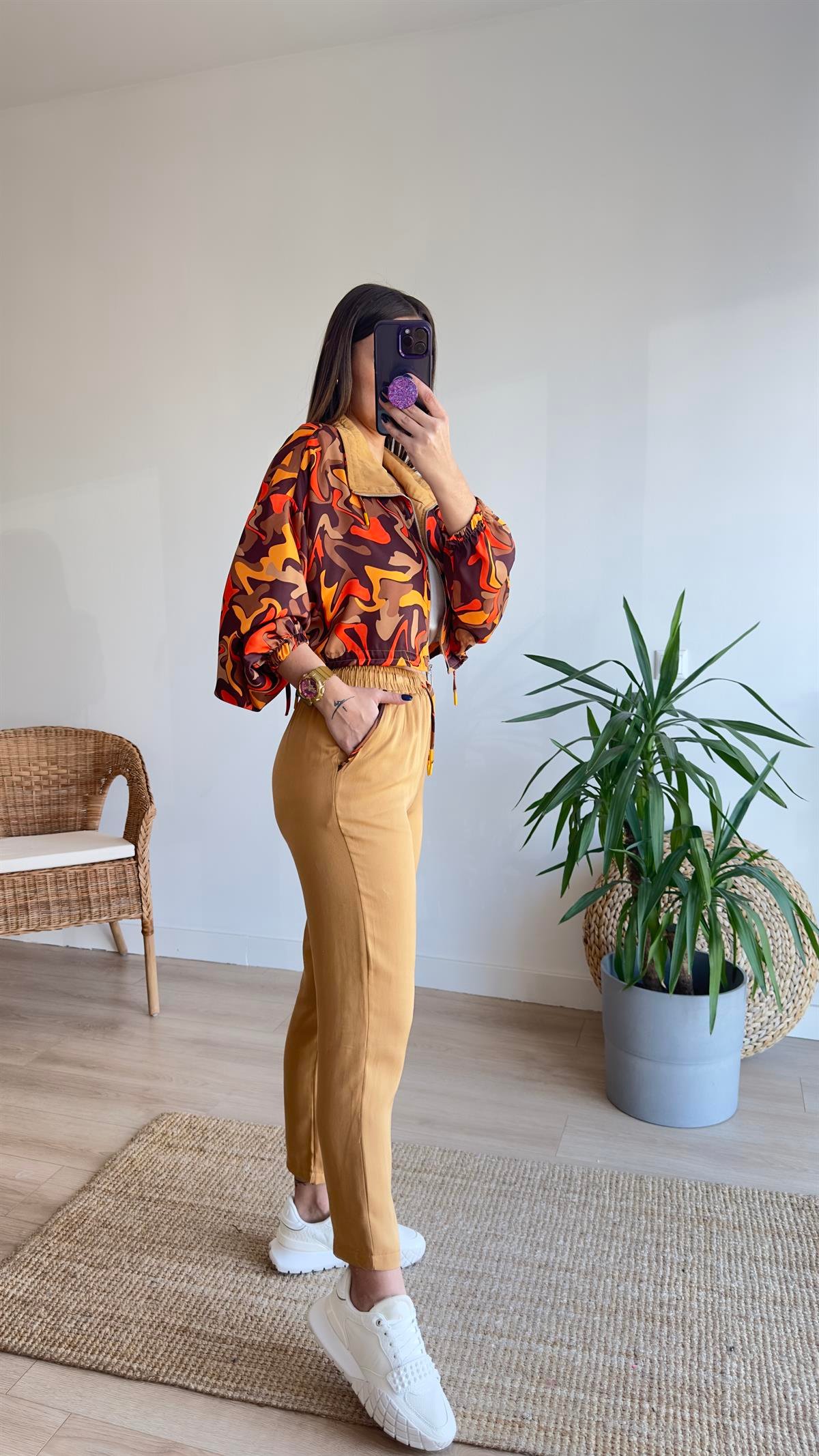 Camel Renkli Desenli Fermuarlı Takım