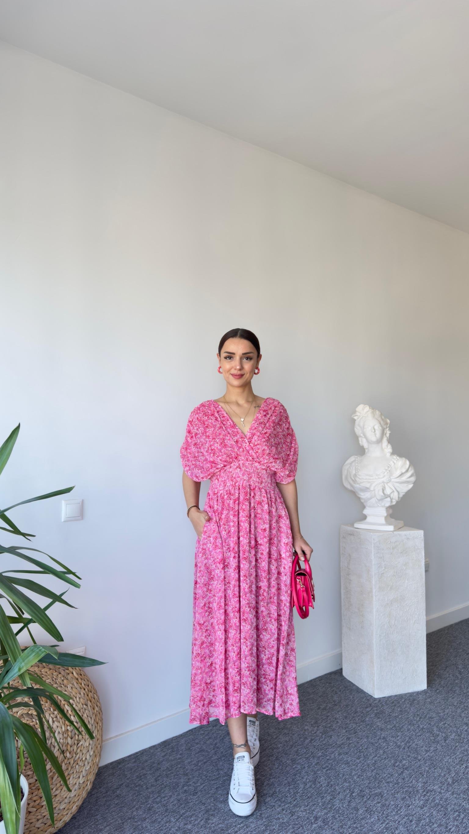 Pembe Çiçek Desen Bel Büzgü Maxi Elbise 