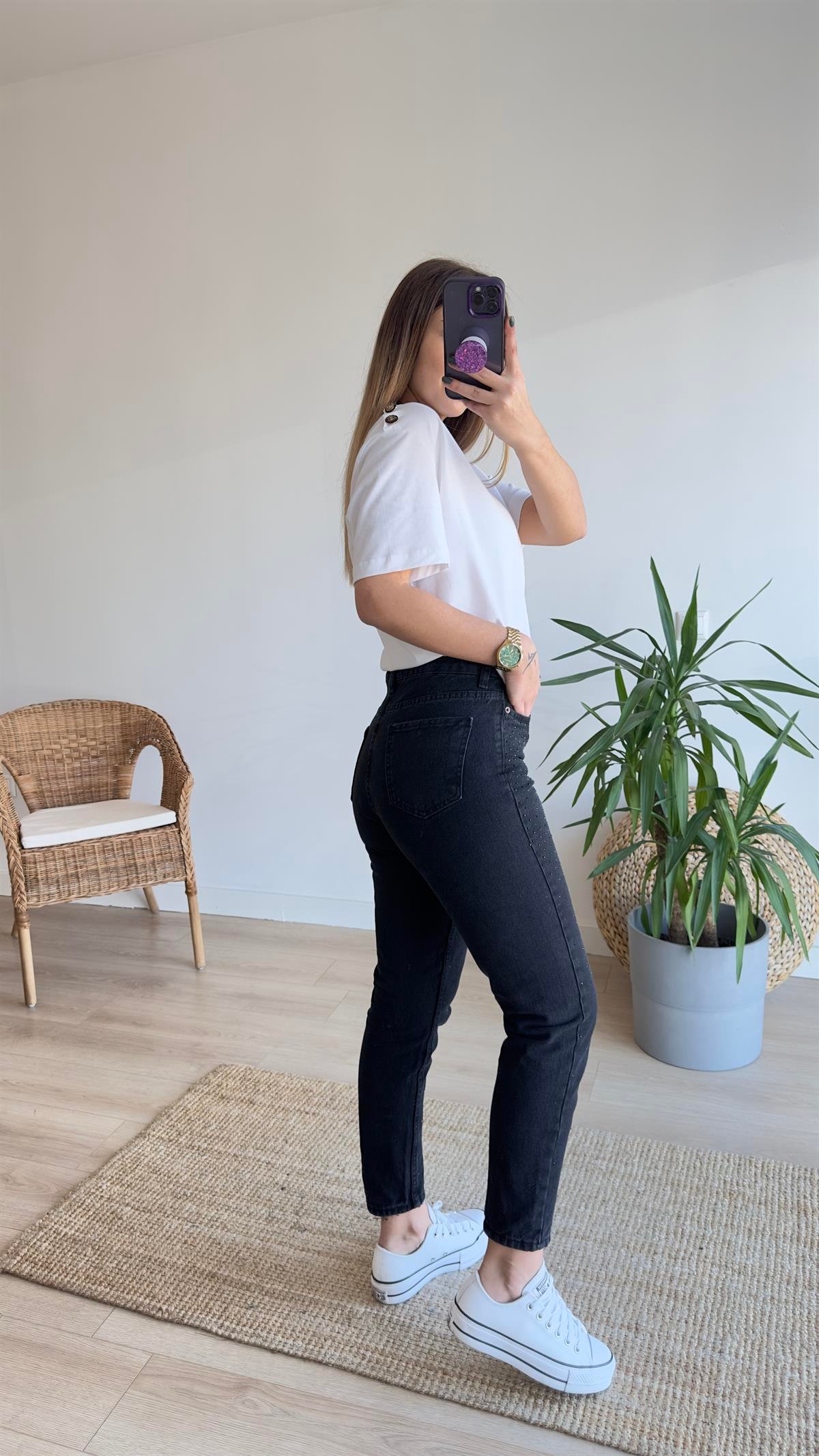Taş Detaylı Antrasit Jean