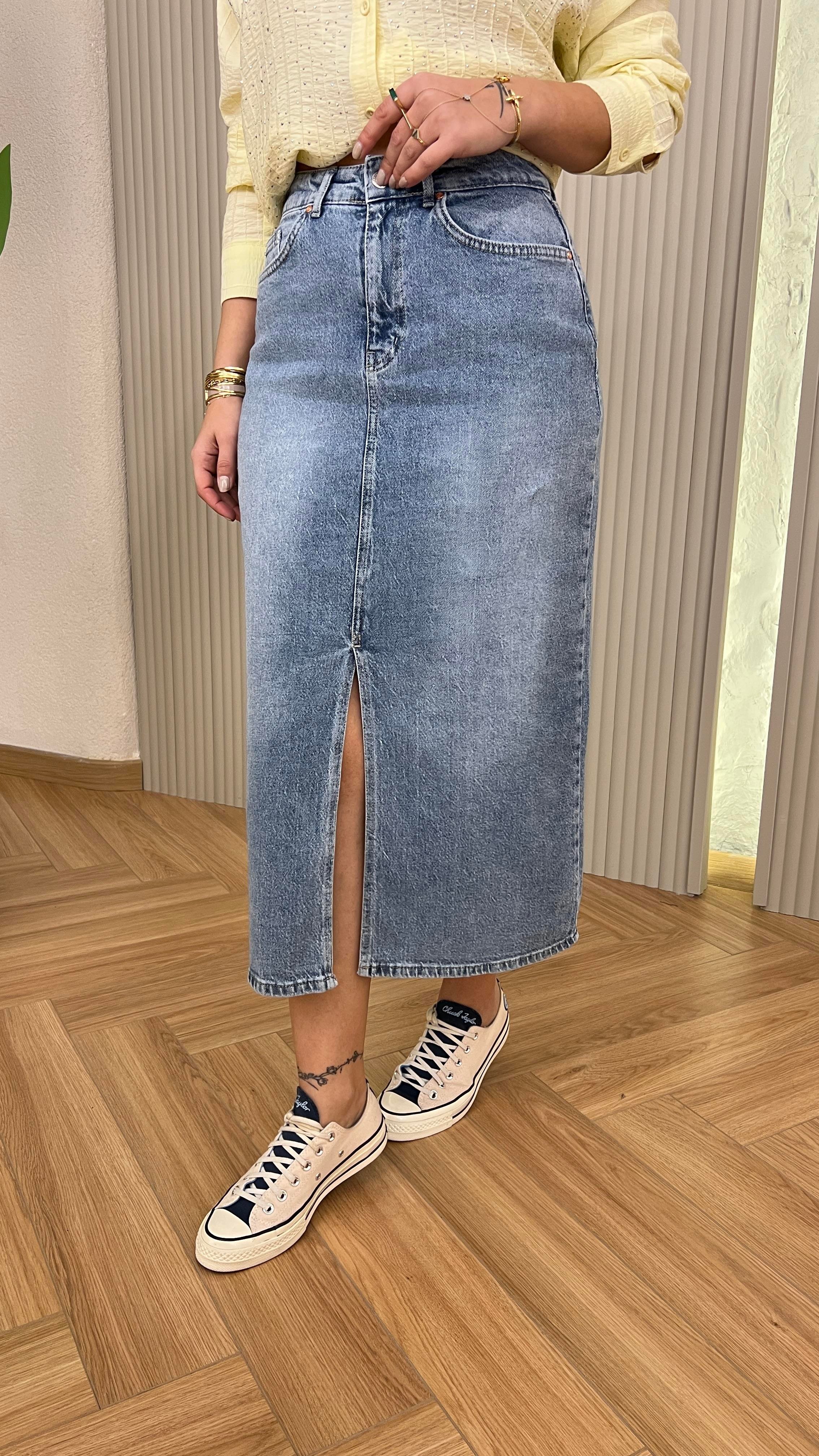 Mavi Quince Önden Yırtmaçlı Kot Etek