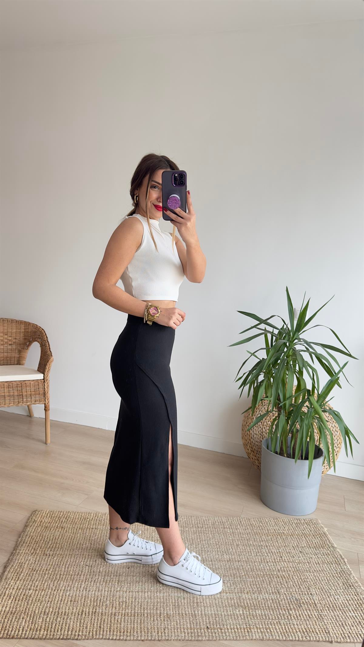 Yırtmaçlı Siyah Midi Etek