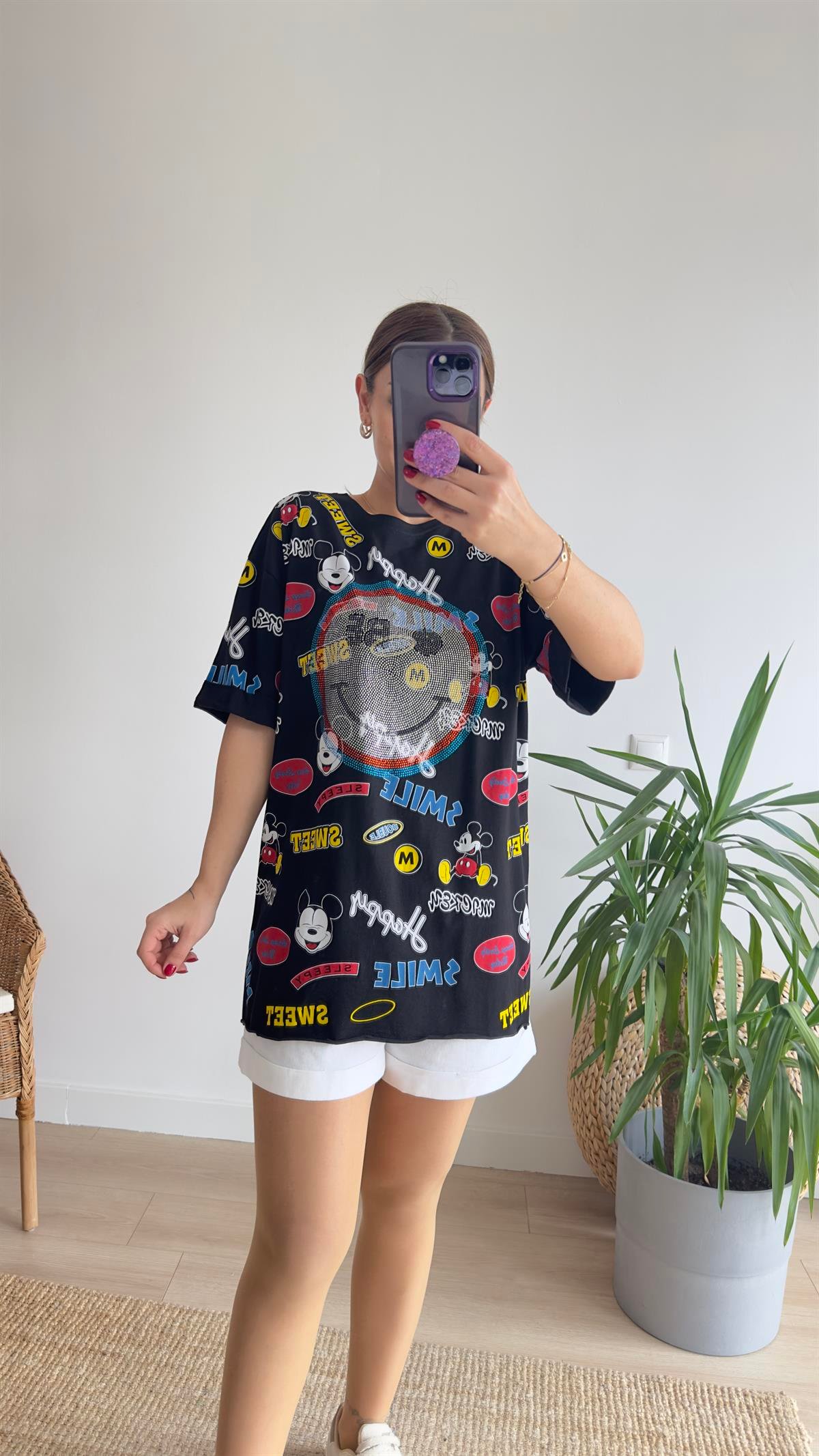 Taşlı Mickey Baskı Siyah Tshirt