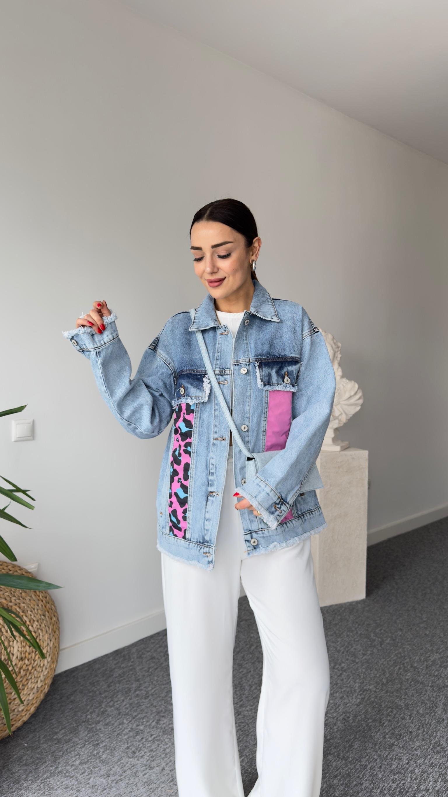 Lera Pembe Leopar Detaylı Tasarım Jean Ceket