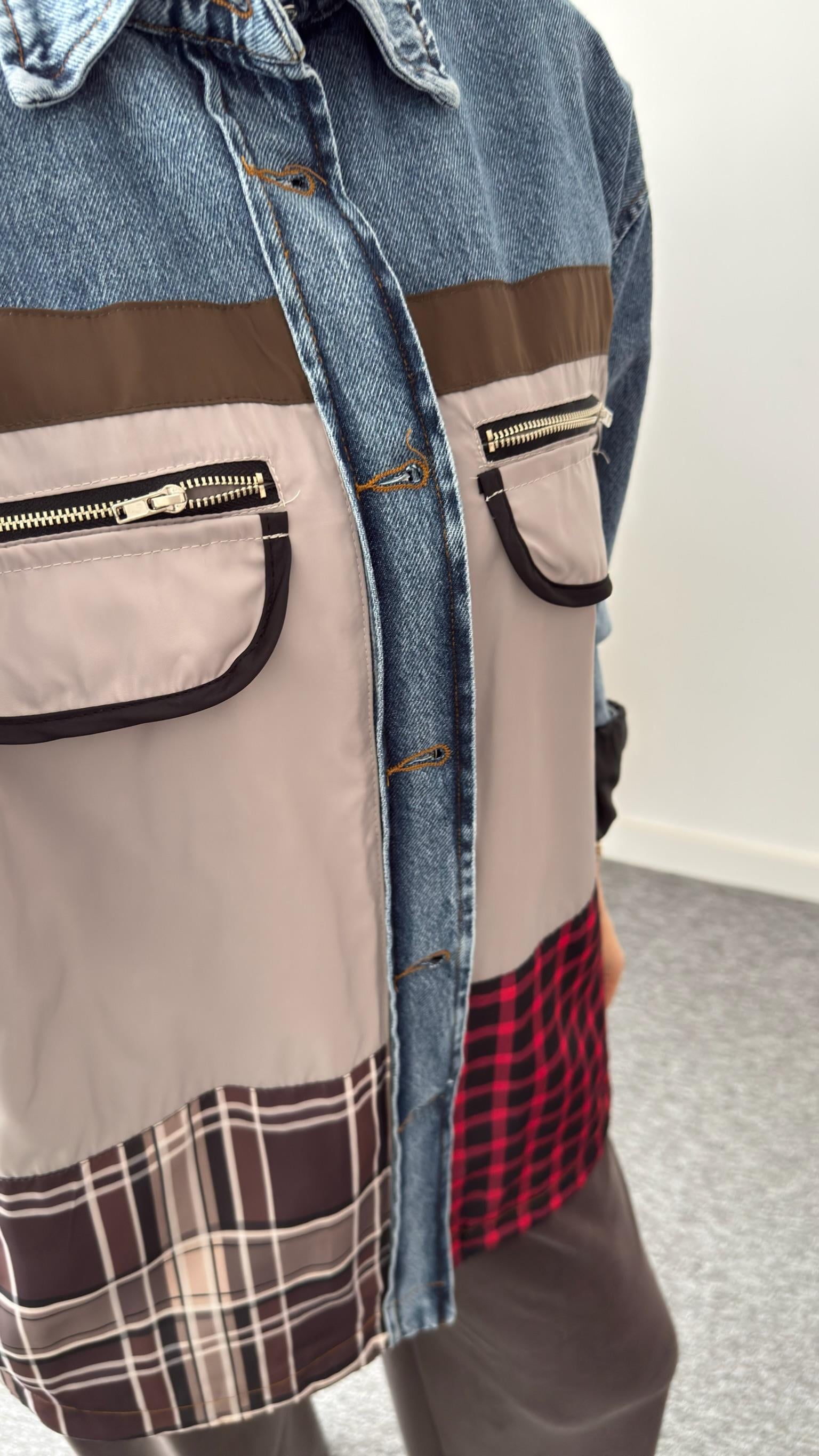 Mavi Ekose Mix Tasarım Denim Ceket