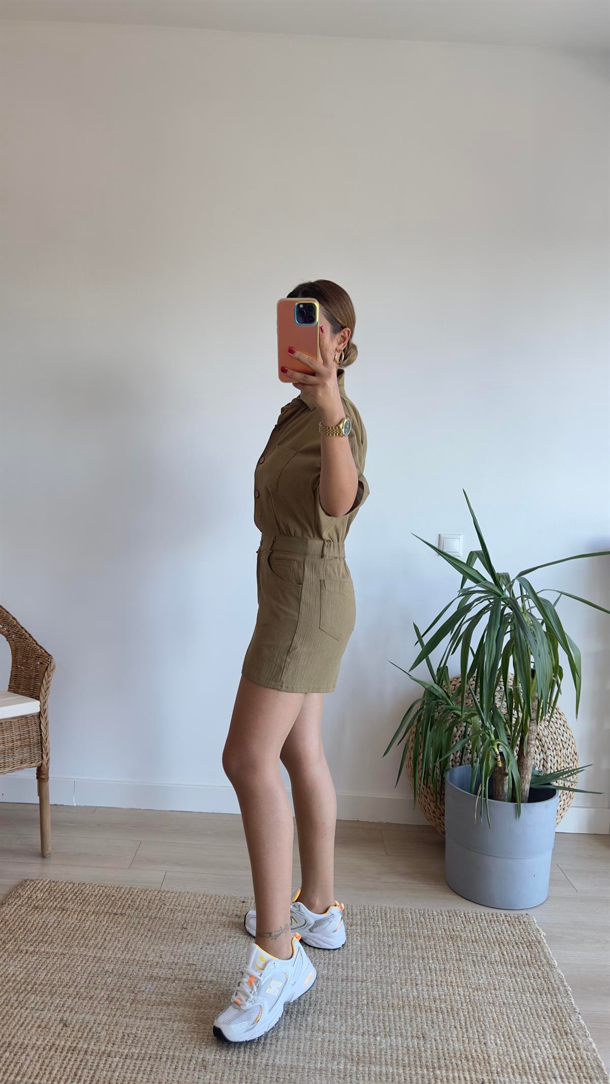 Haki Bel Lastik Detay Şort Tulum