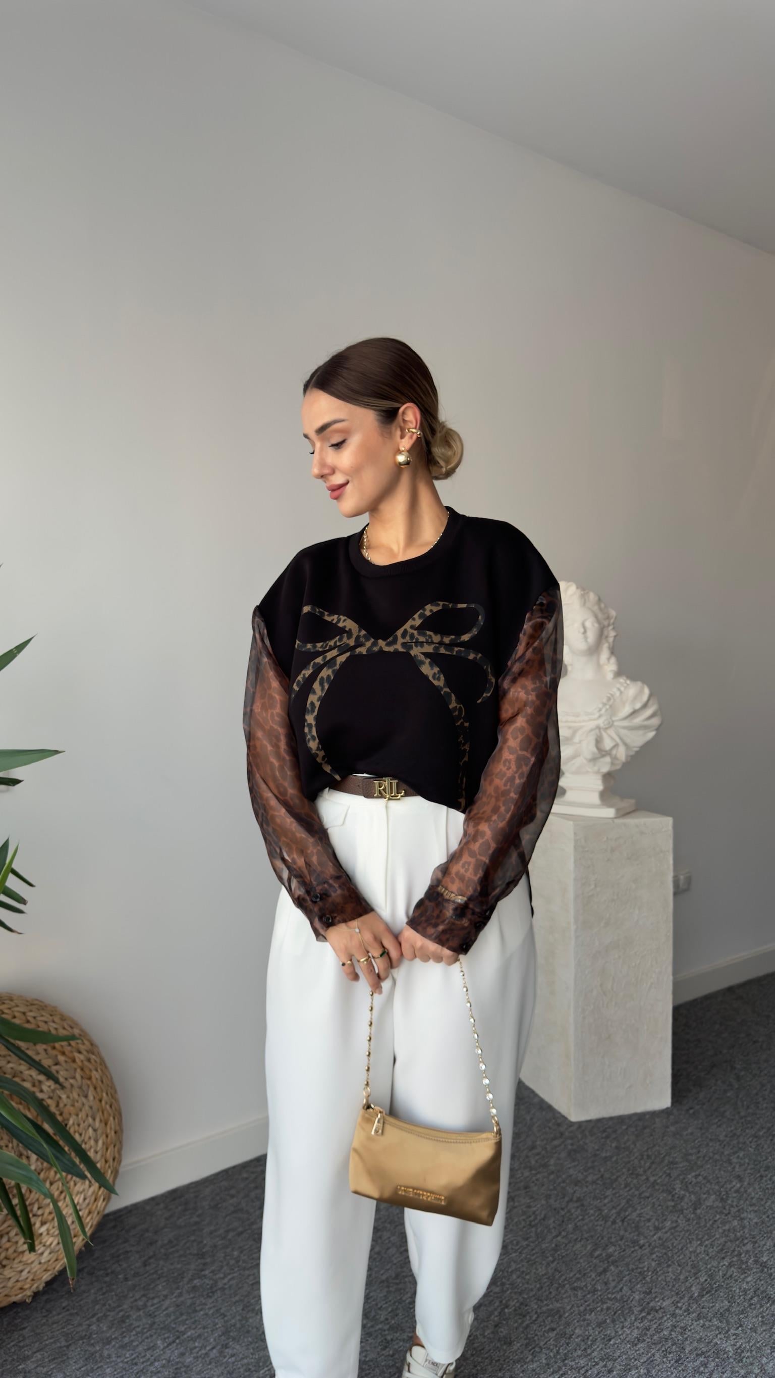Lethi Siyah Leopar Tül Detaylı Baskılı Sweat