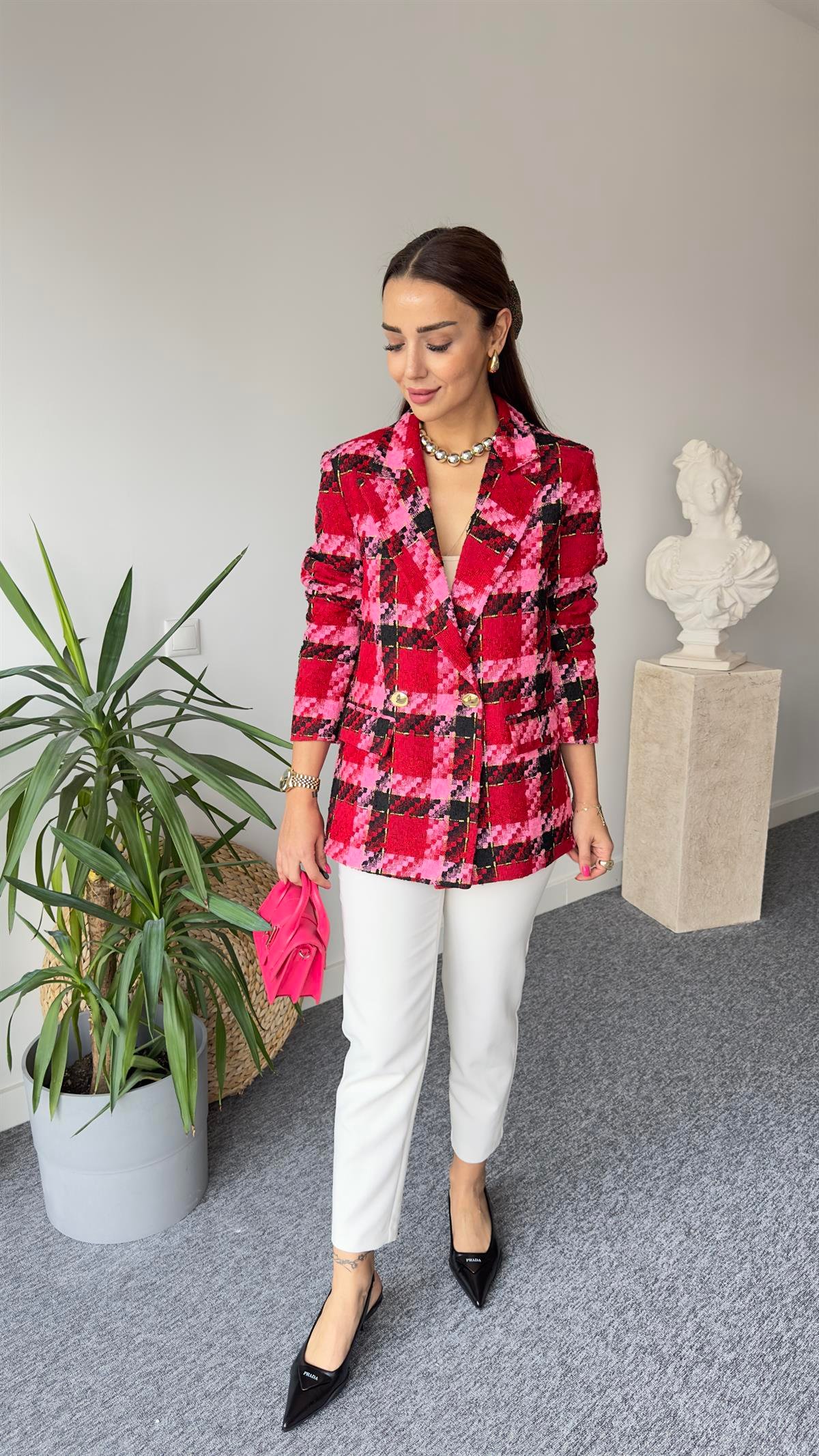 Kırmızı Pembe Renk Geçişli Blazer Ceket