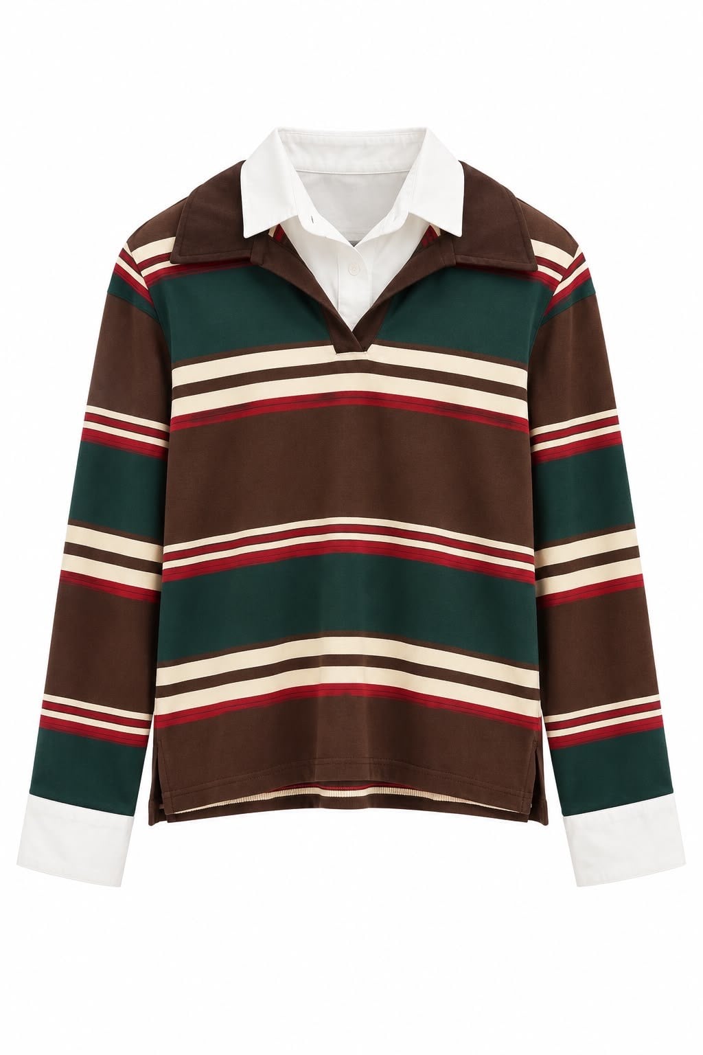 Kahve Seras Gömlek Detaylı Çizgili Sweatshirt
