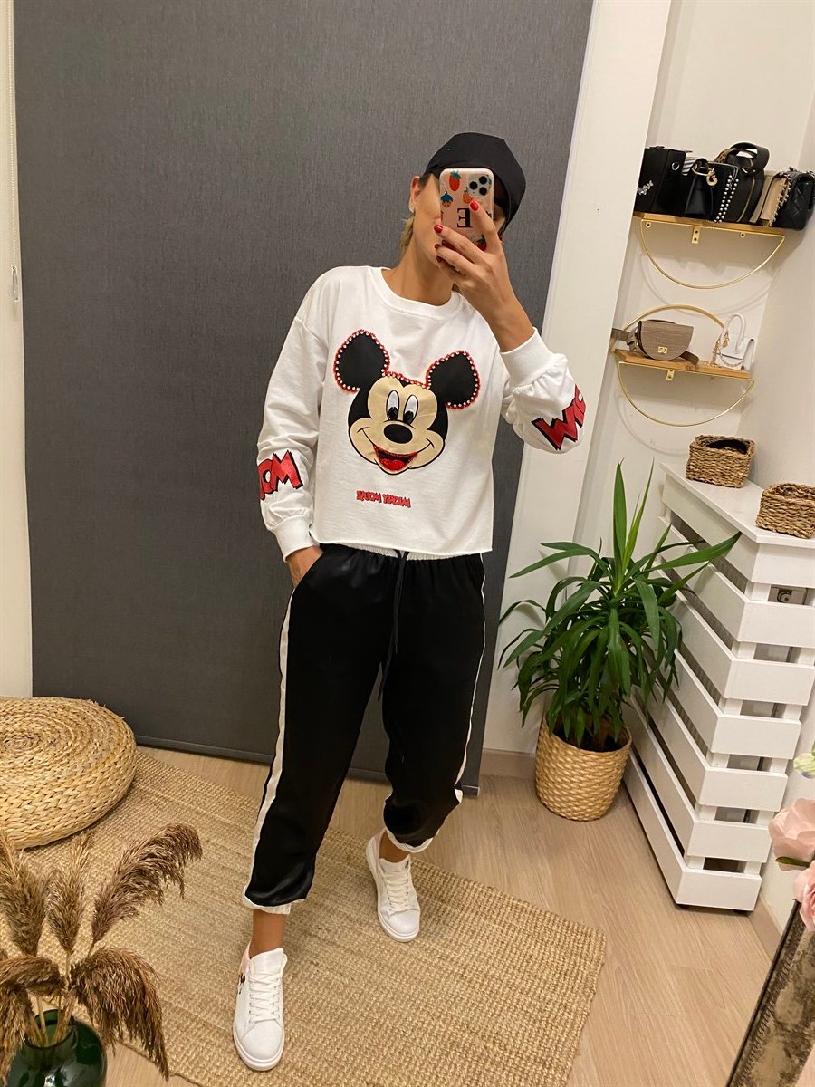 Taşlı Mickey Mouse Beyaz Sweat