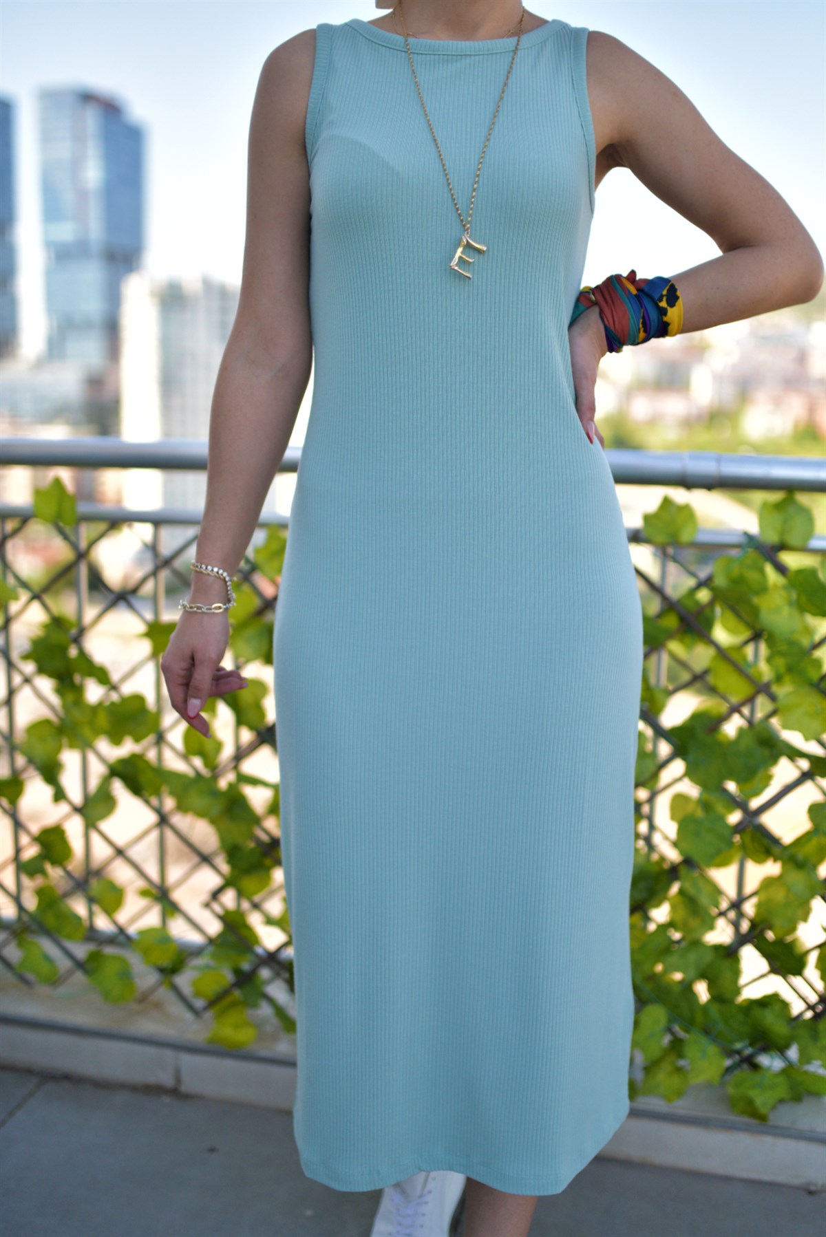 Mint Yeşili Fitilli Basic Elbise
