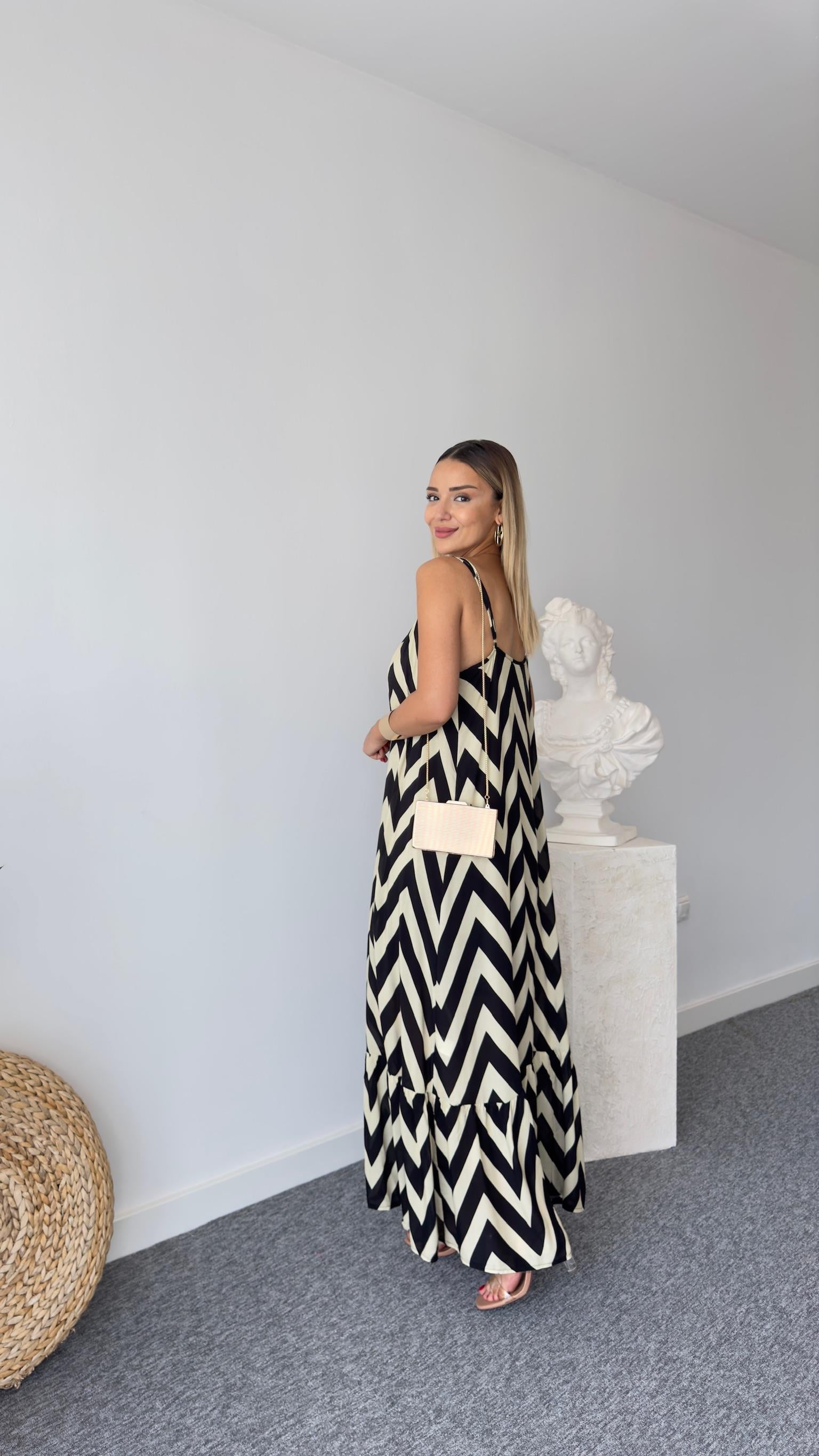 Lavin Siyah Bej Çizgili Maxi Elbise 