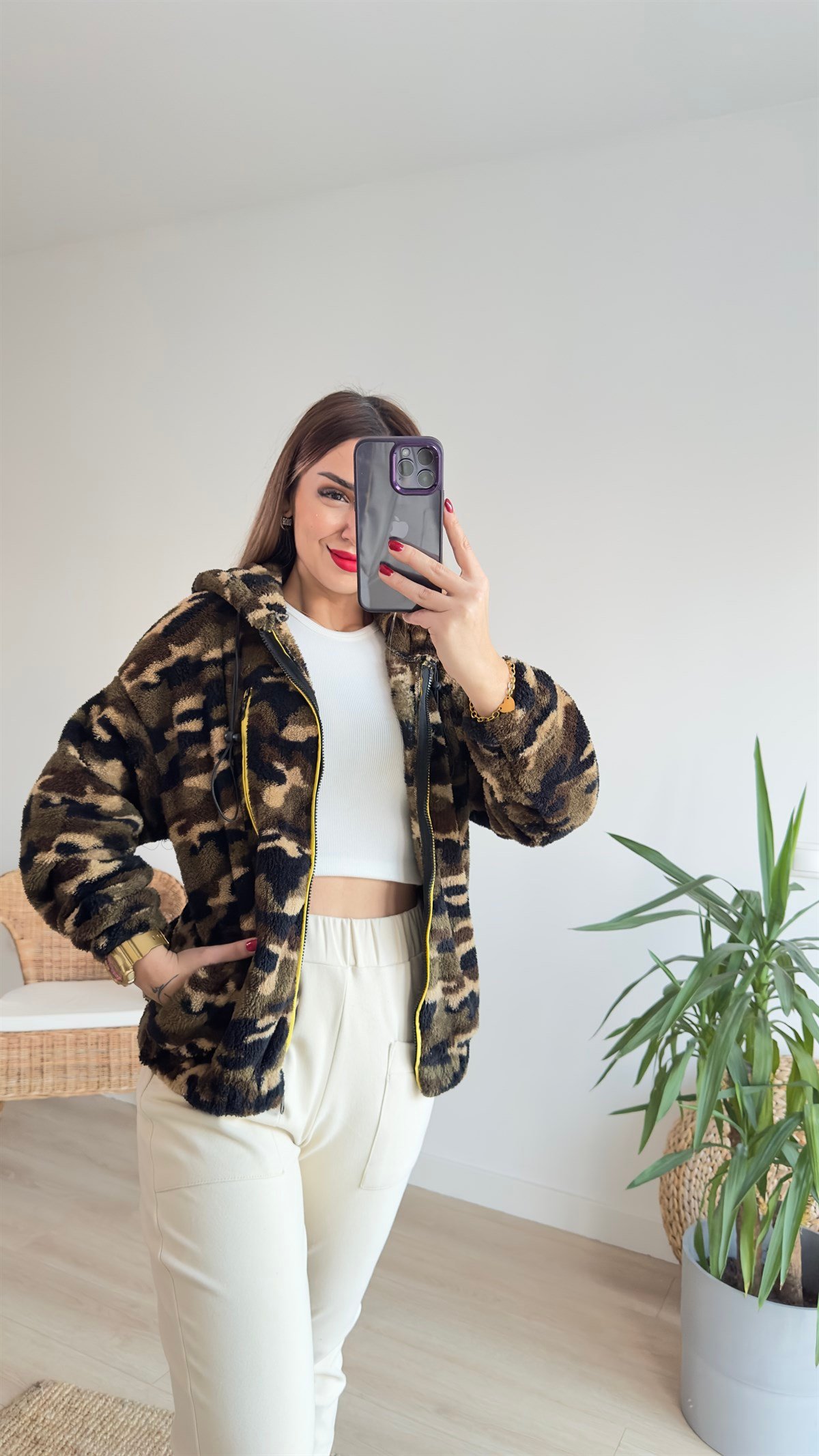 Kamuflaj Desen Peluş Mont 