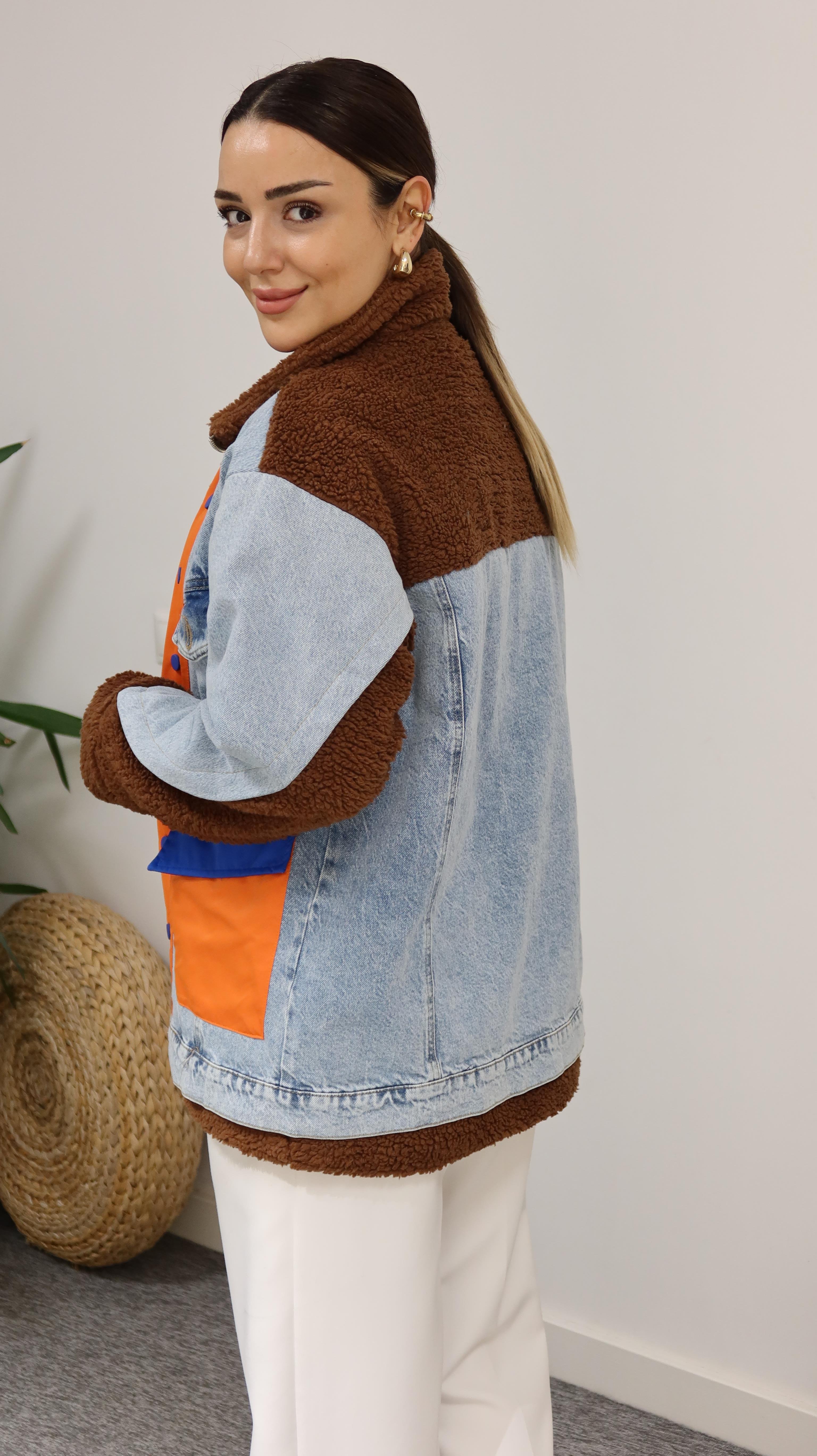 Kahve Denim Mix Turuncu Detay Peluş Mont 