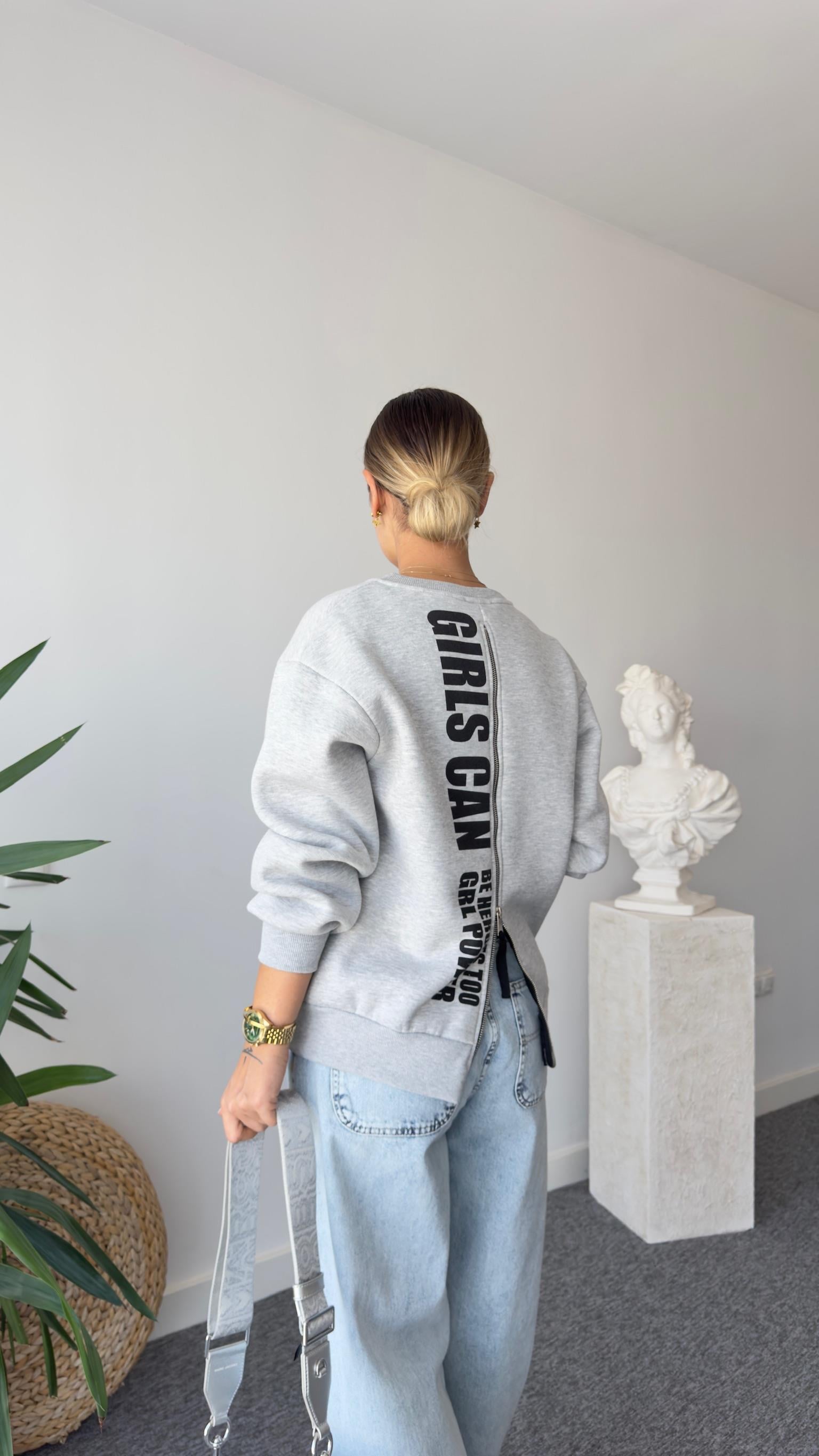 Berlin Fermuar Ve Yazı Detaylı Gri Sweatshirt