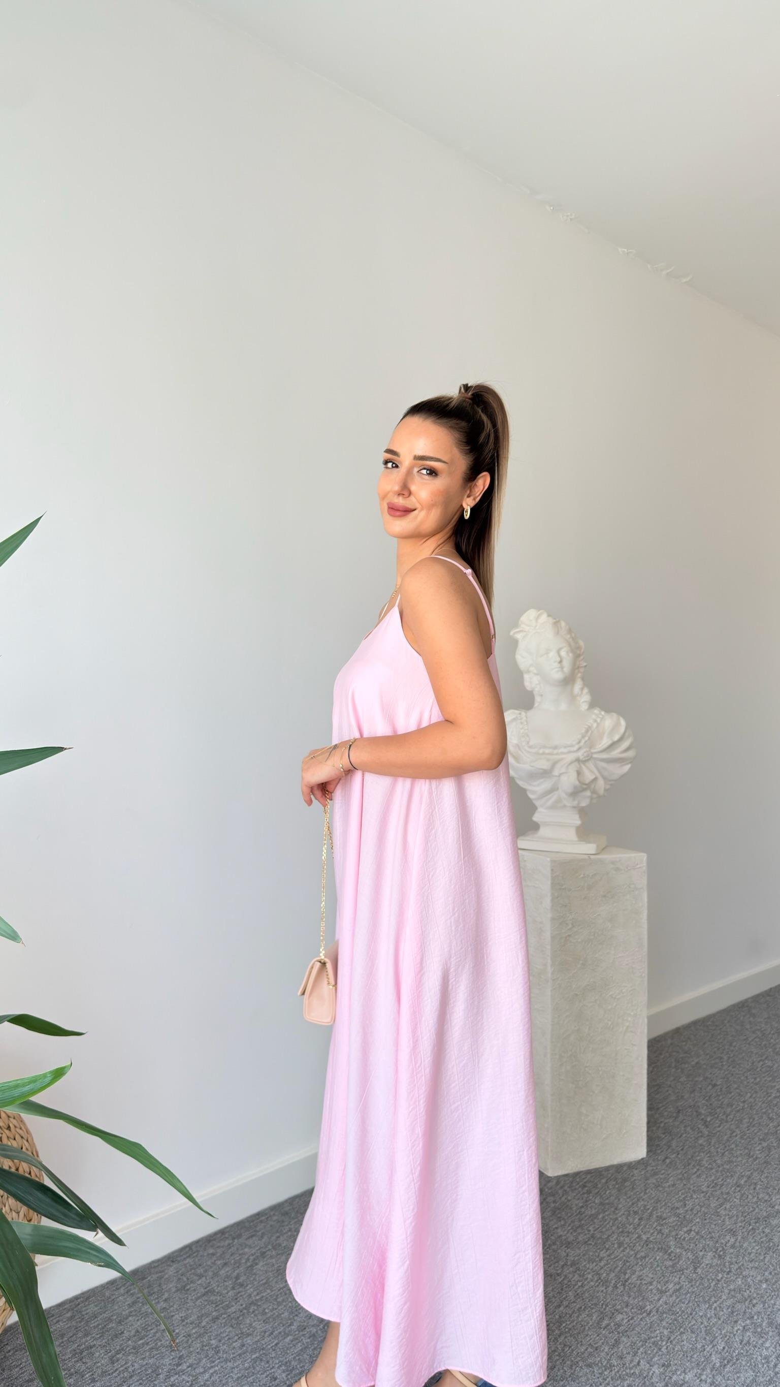 Pembe Ruma Askılı Elbise 