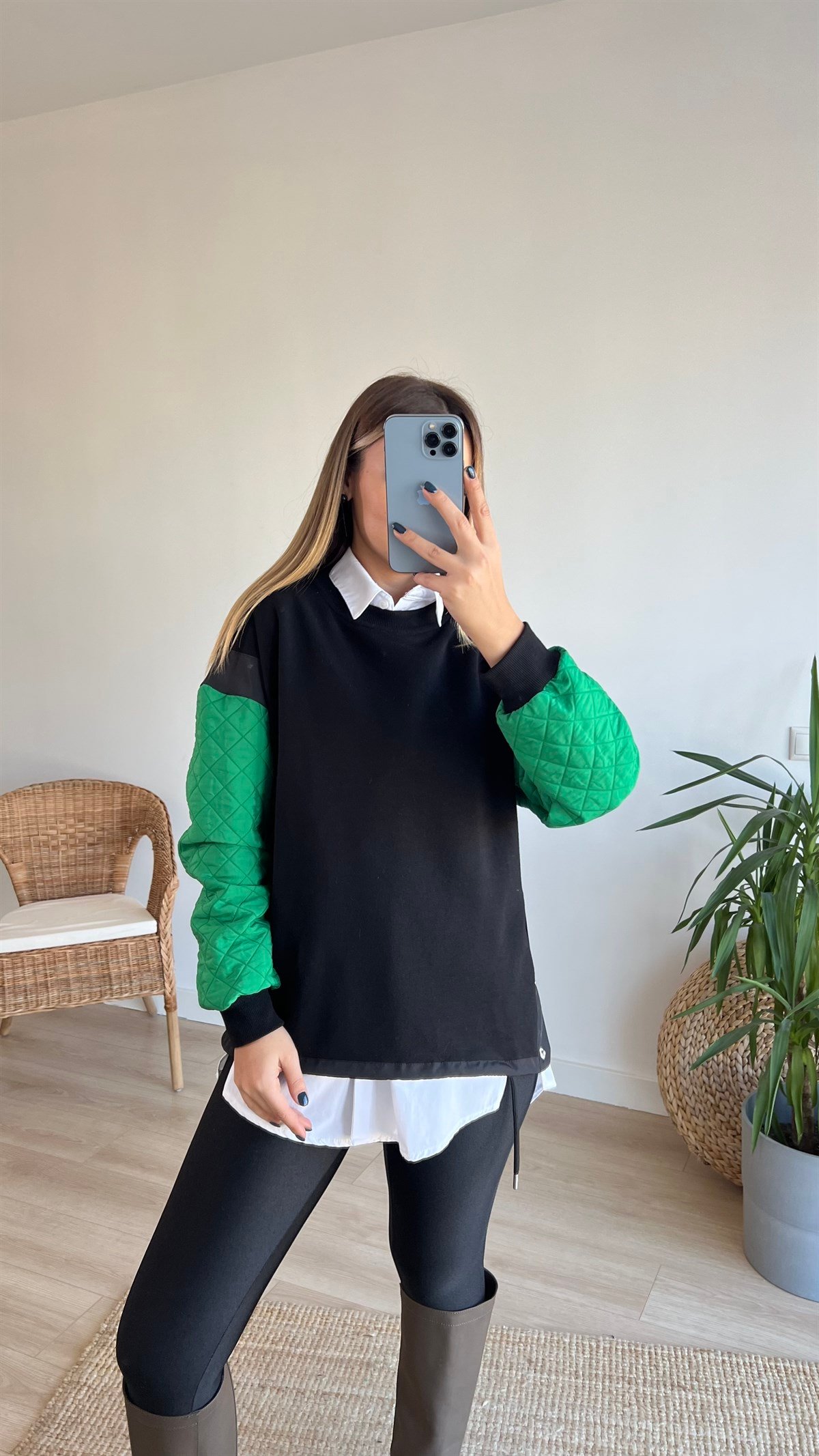 Twist Model Kolları Yeşil Kapitone Tasarım Sweat