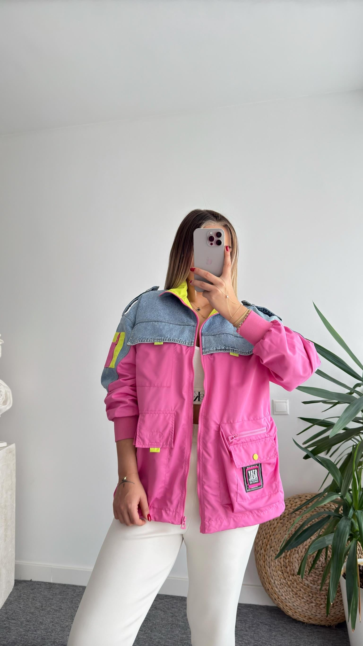 Efil Jean Detaylı Pembe Paraşüt Ceket