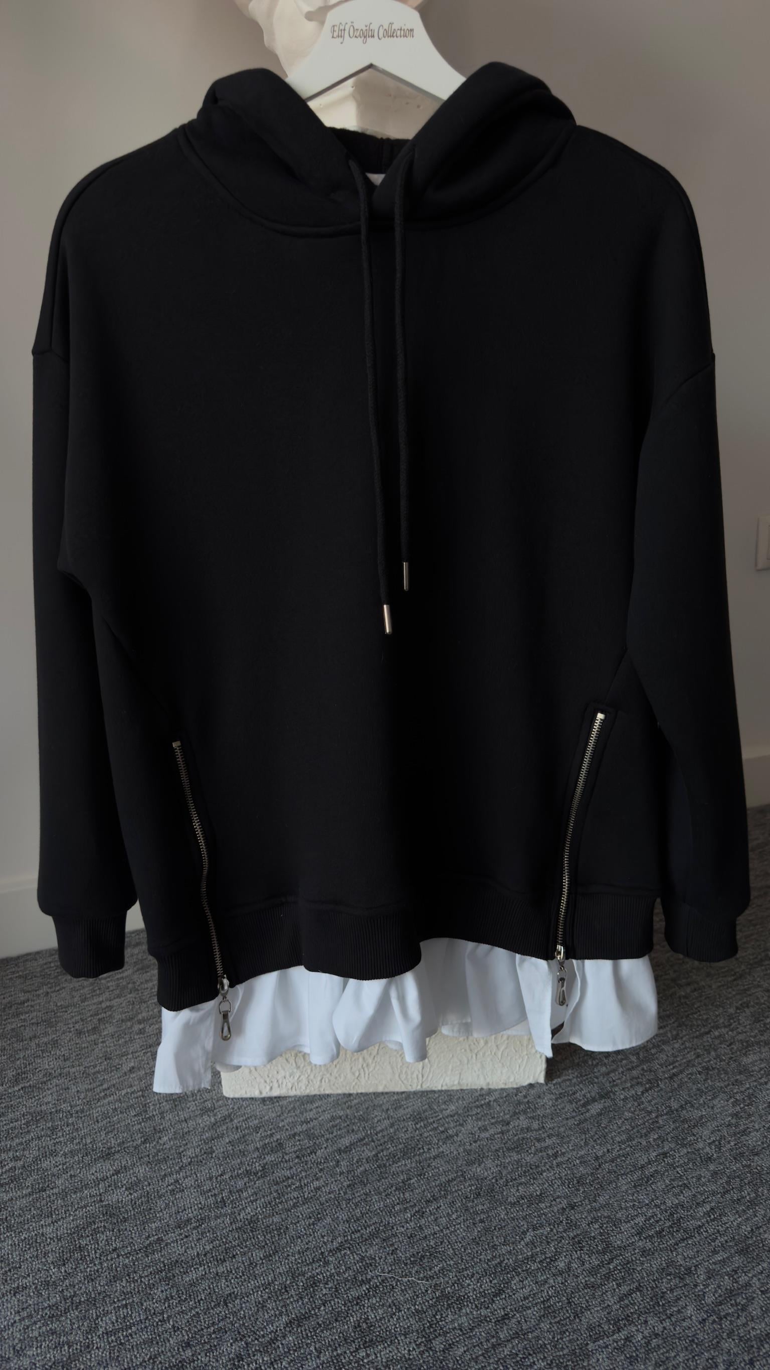 Altı Poplin Detay Yanlar Fermuarlı Siyah Sweat
