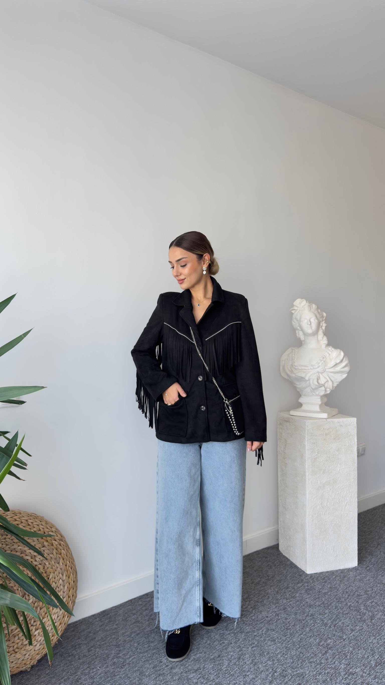 Henko Püsküllü Siyah Süet Ceket