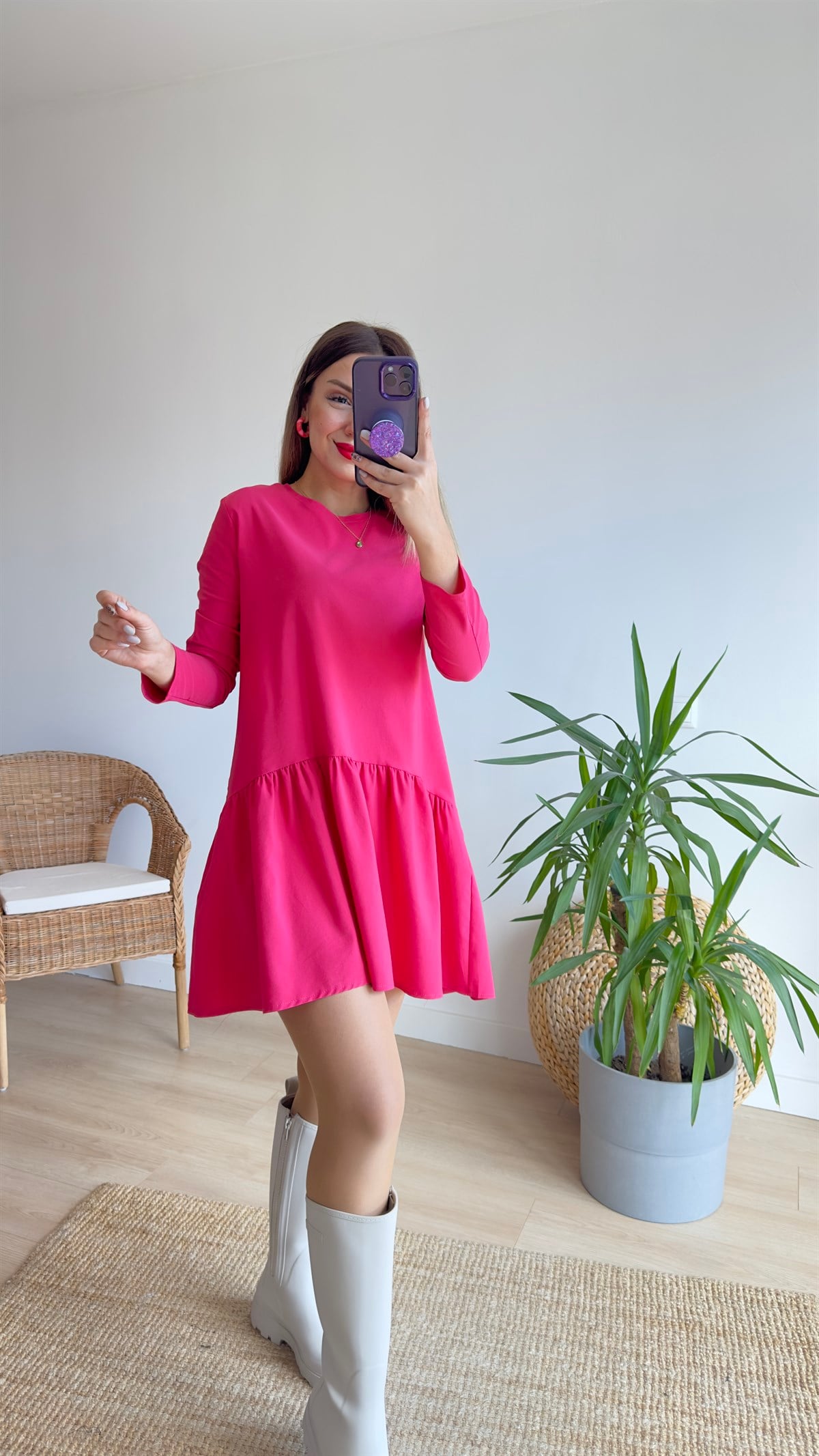Orijinal Marka Uzun Kol Pembe Basic Elbise 