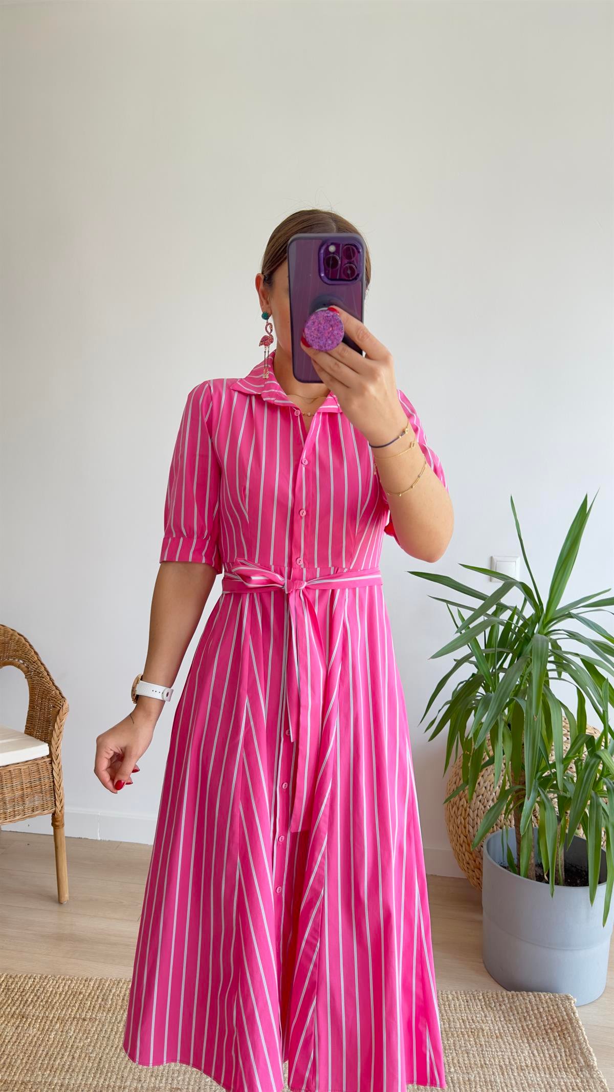 Montes Çizgili Pembe Gömlek Elbise