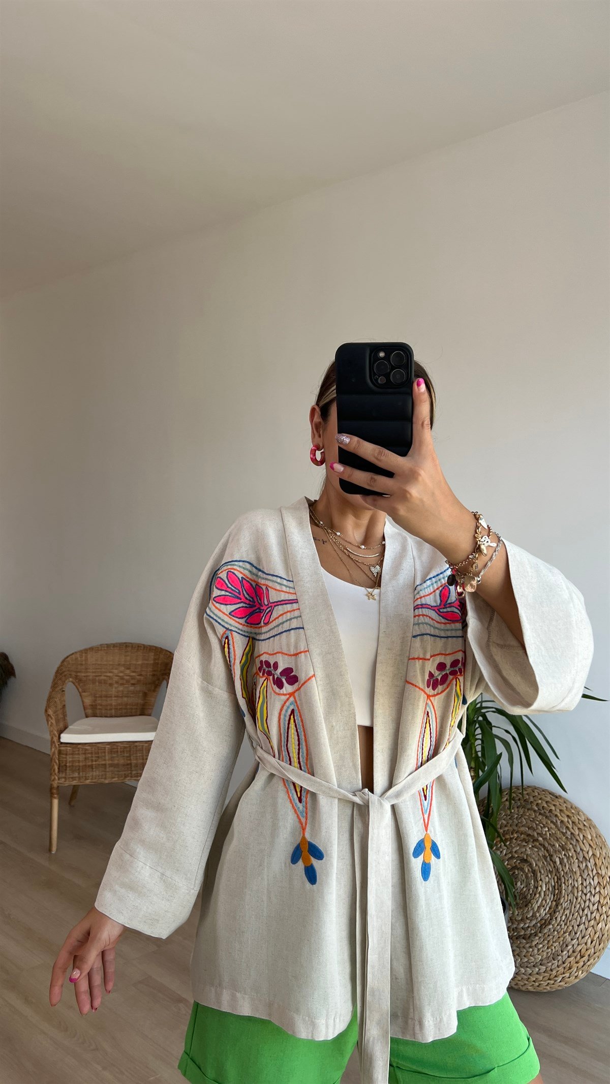 Renkli Nakış Detaylı Keten Kimono