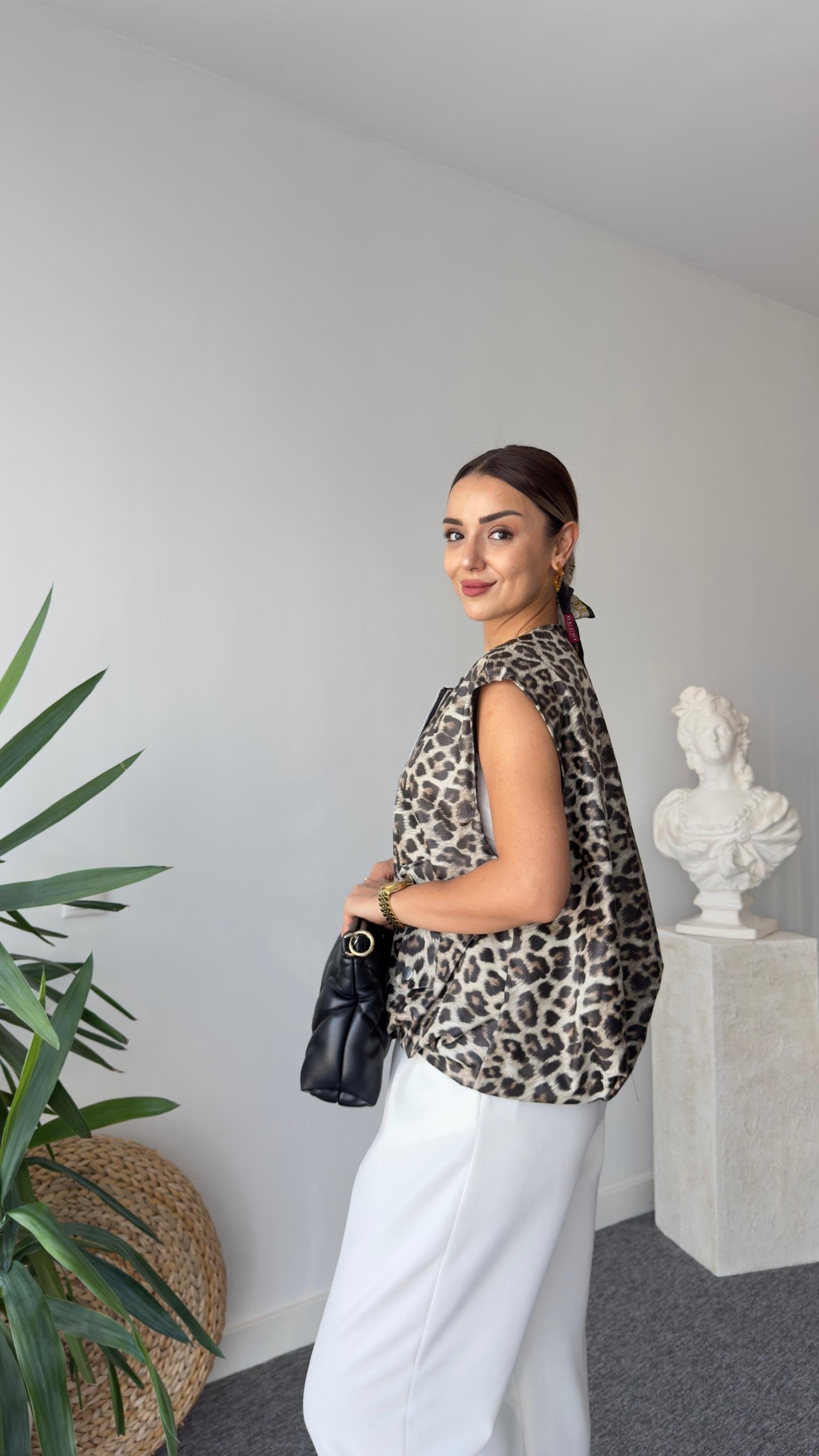 Greta Leopar Desenli Deri Yelek
