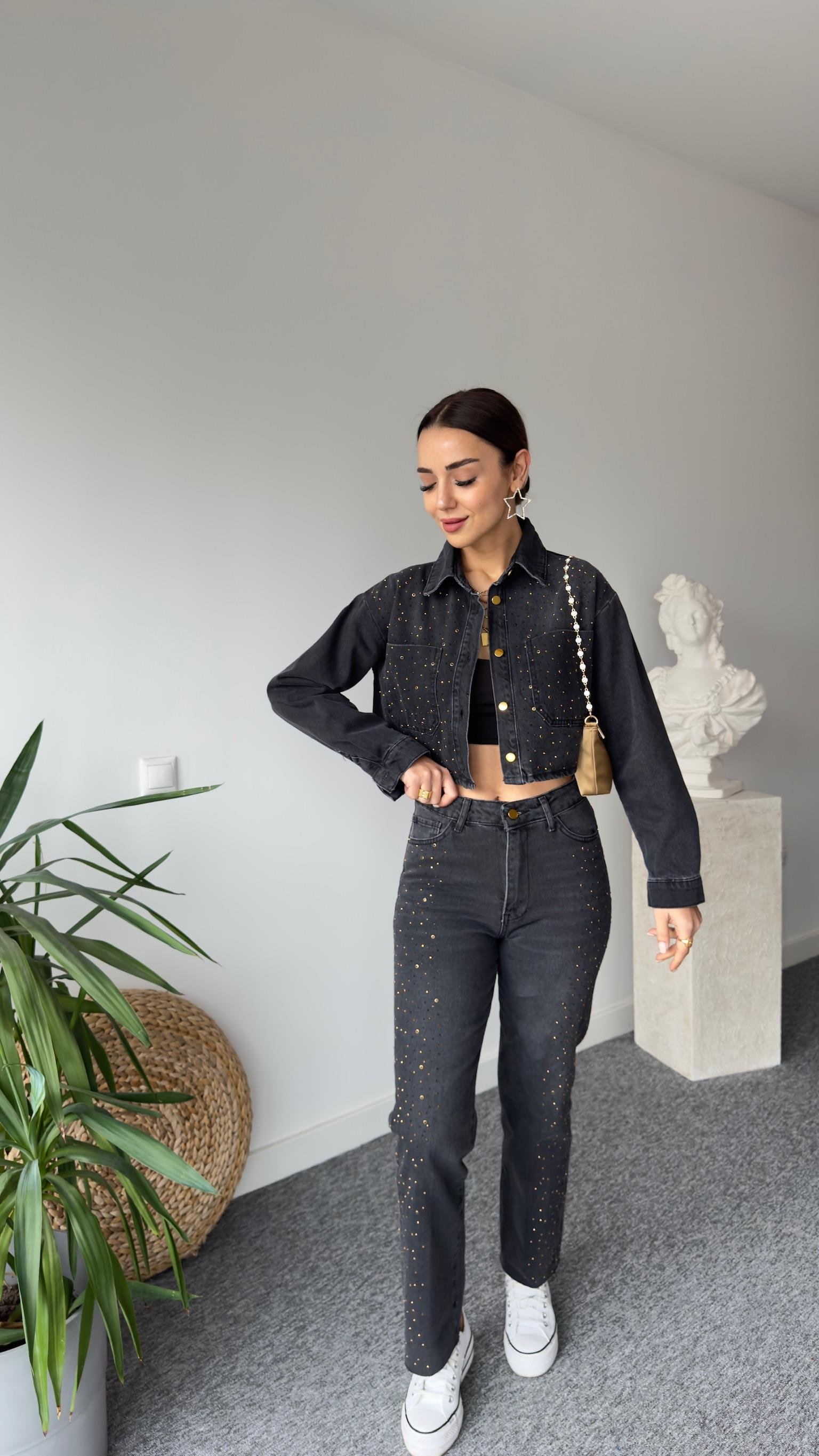 Zra Model Taşlı Antrasit Jean Takım