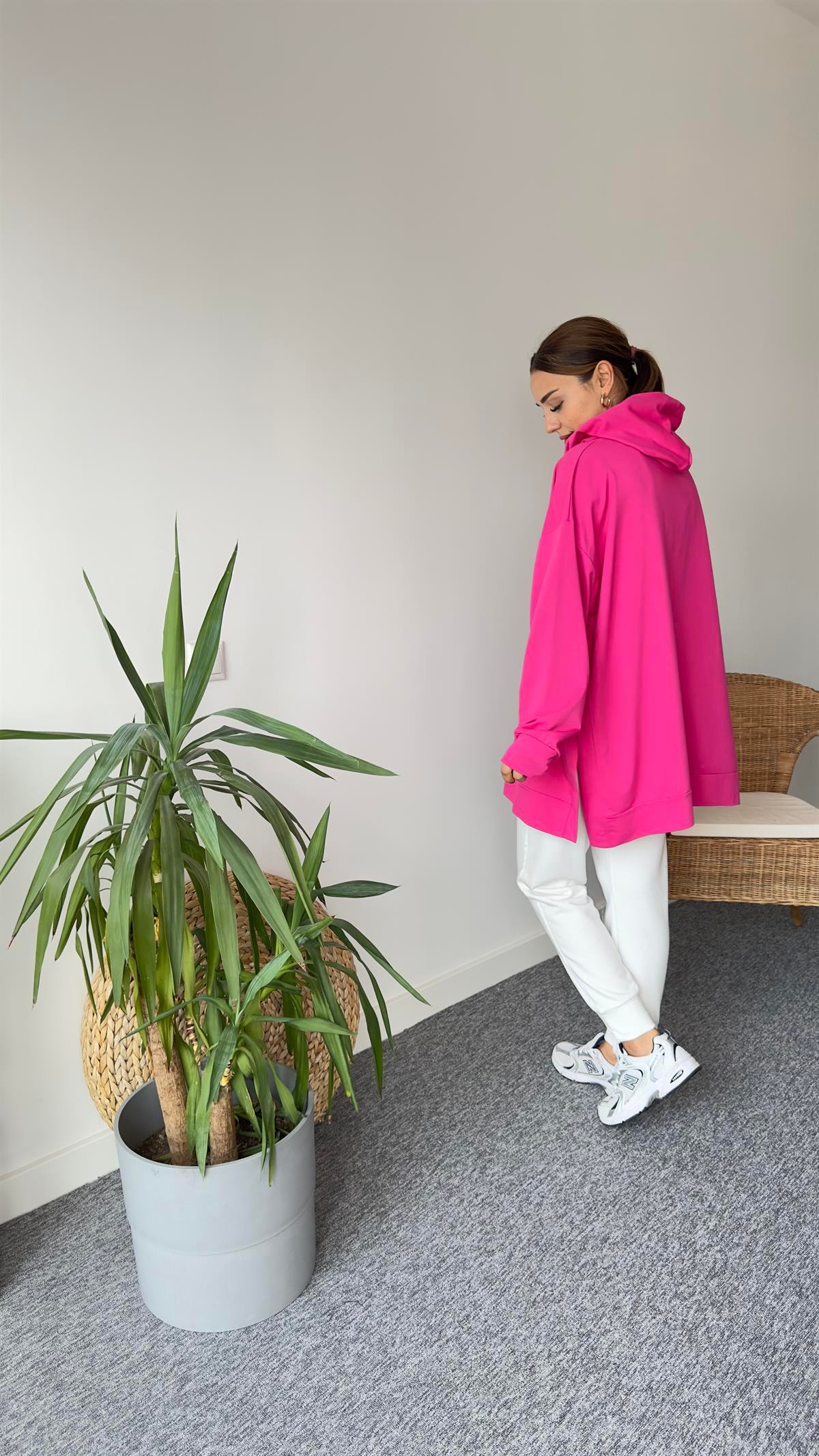İki İplik Yanları Yırtmaçlı Fuşya Sweat