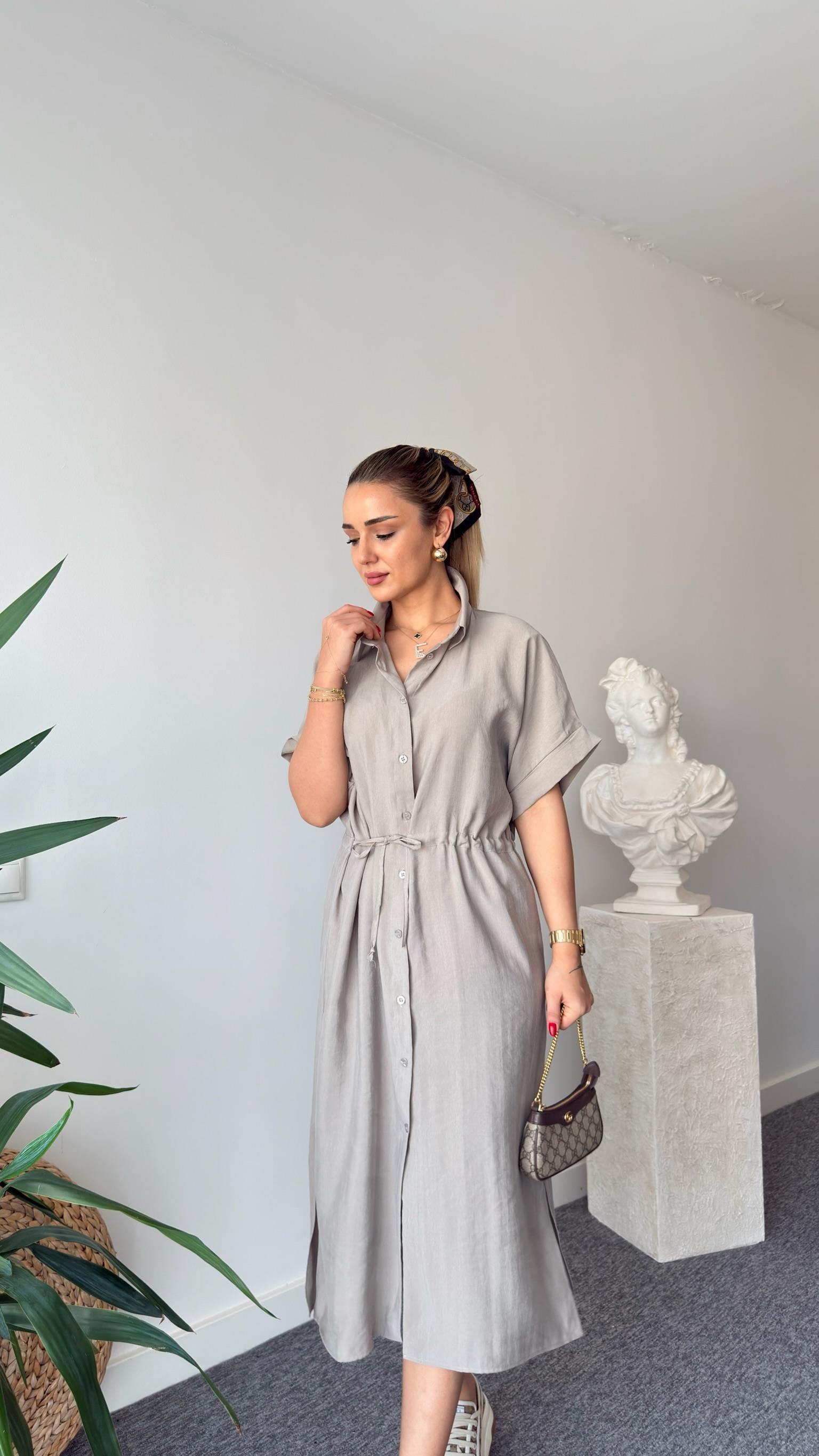 Açık Haki Toles Bel Büzgülü Massi Elbise 