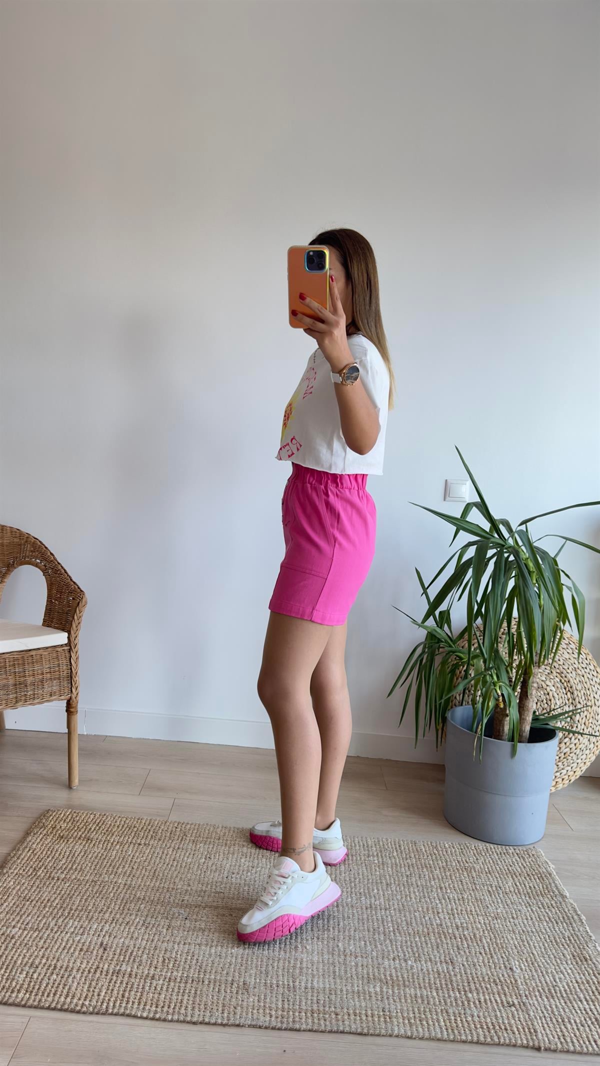 Flet Düğme Detay Lastikli Pembe Şort