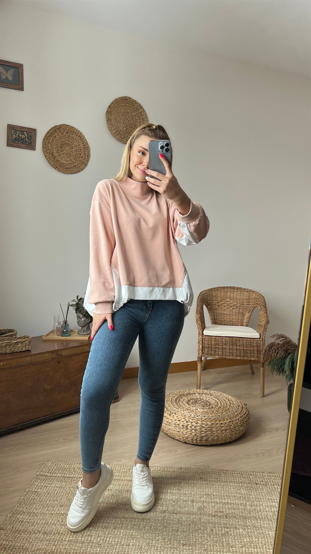 Poplin Detaylı Pudra Polar Sweatshirt