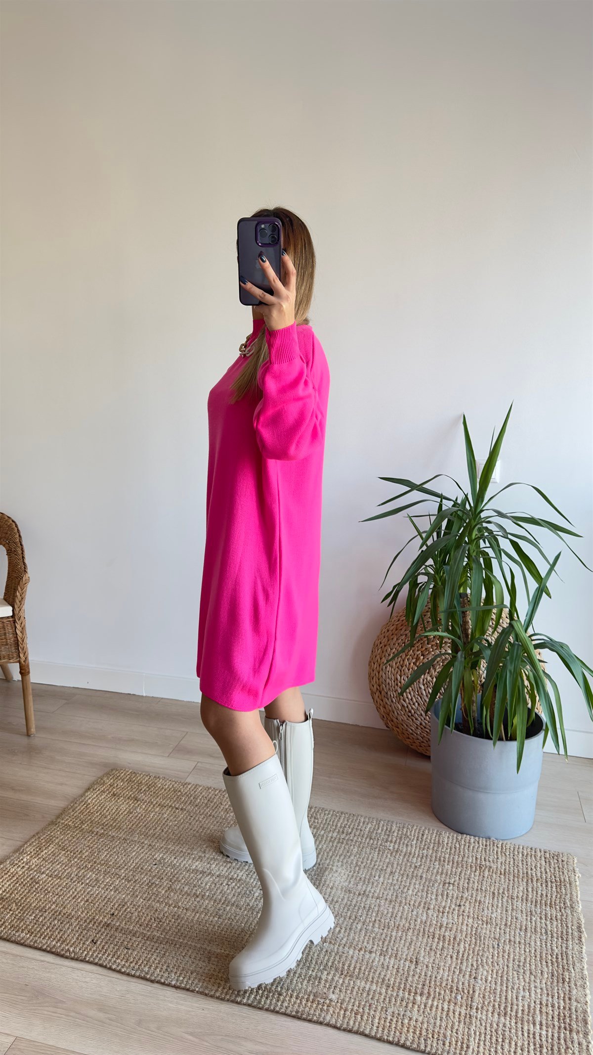 Pembe Dik Yaka Triko Elbise 