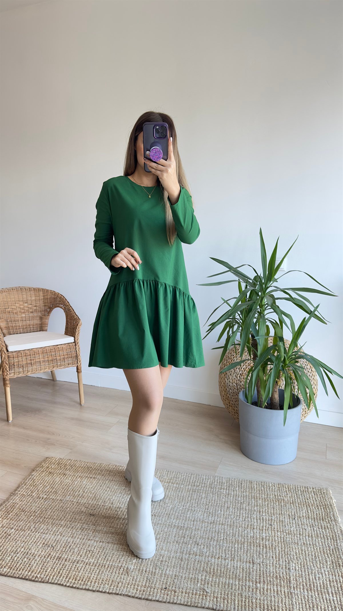 Orijinal Marka Uzun Kol Yeşil Basic Elbise 
