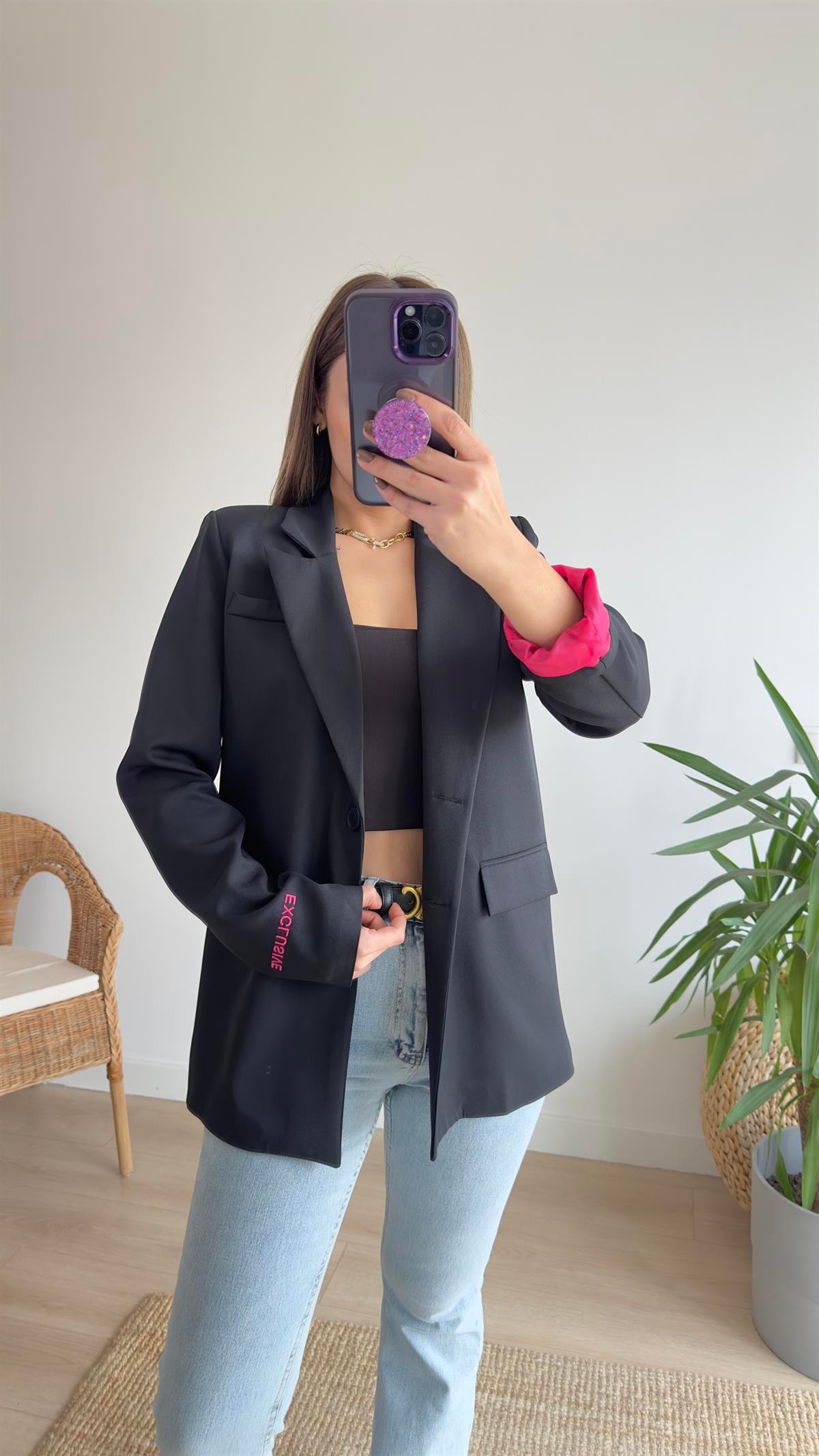Ravi Pembe Yazı Detaylı Blazer Ceket
